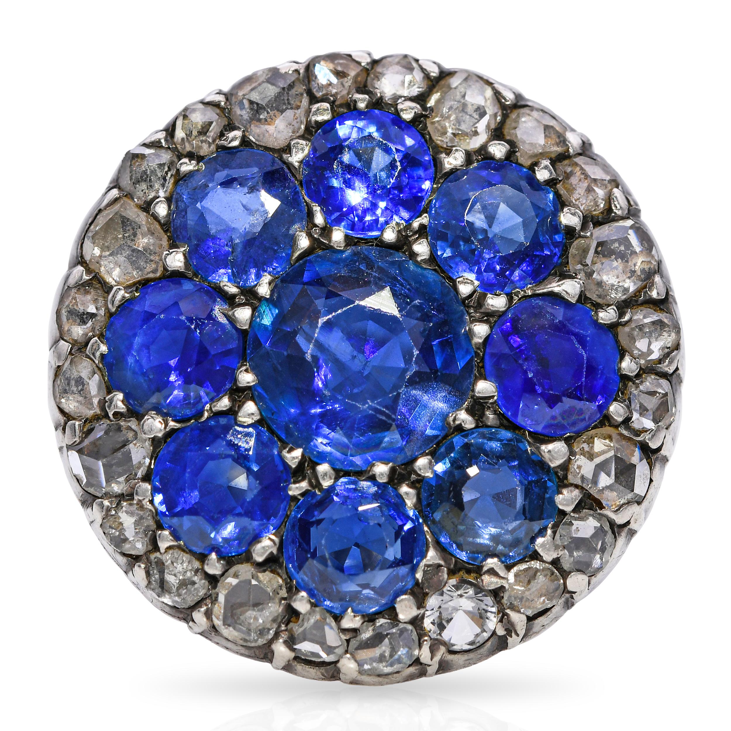 Victorian 14k Yellow Gold Unheated Burma Sapphire and Rose Cut Diamond Ring GIA