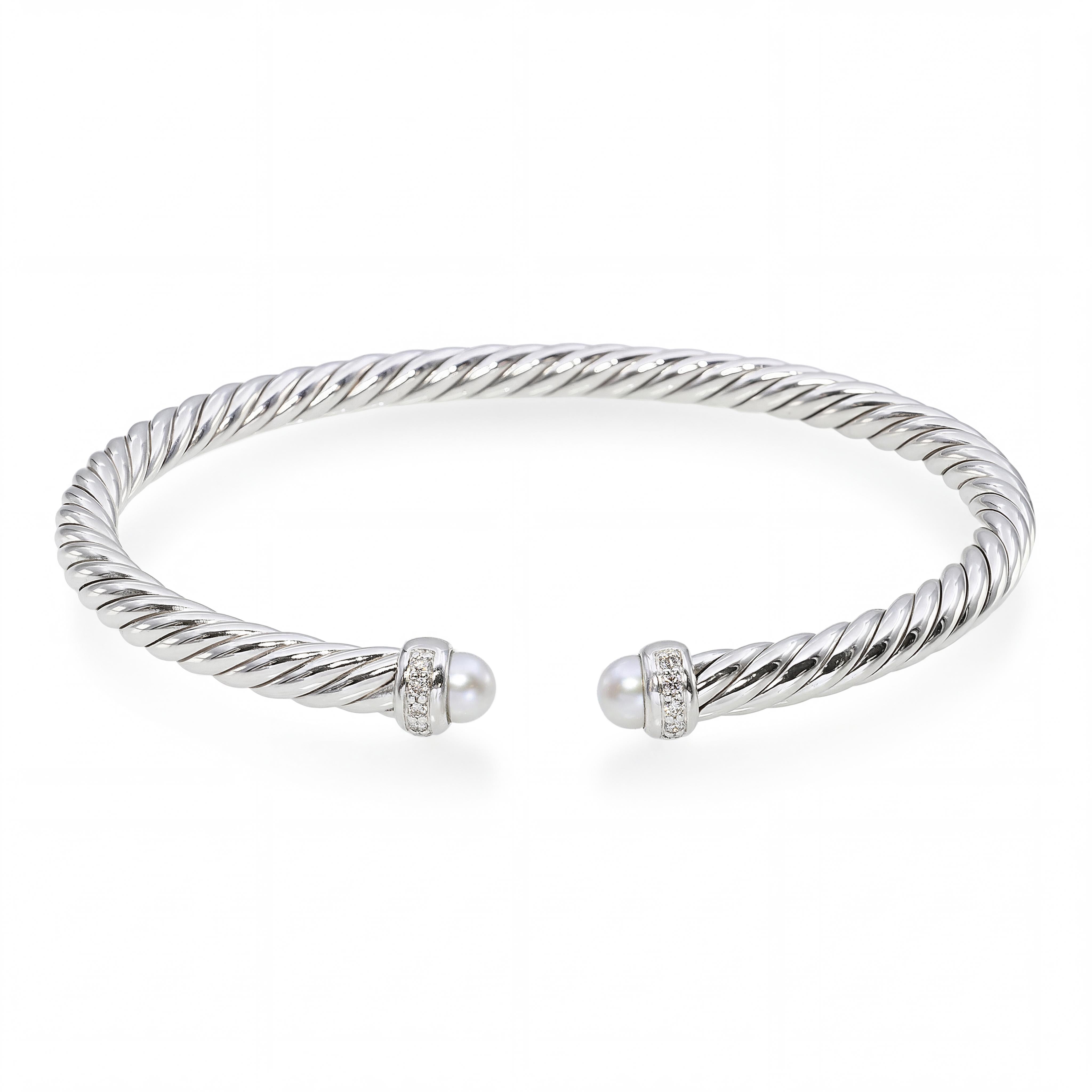 David Yurman Sterling Silver Pearl and Diamond Cable Cuff