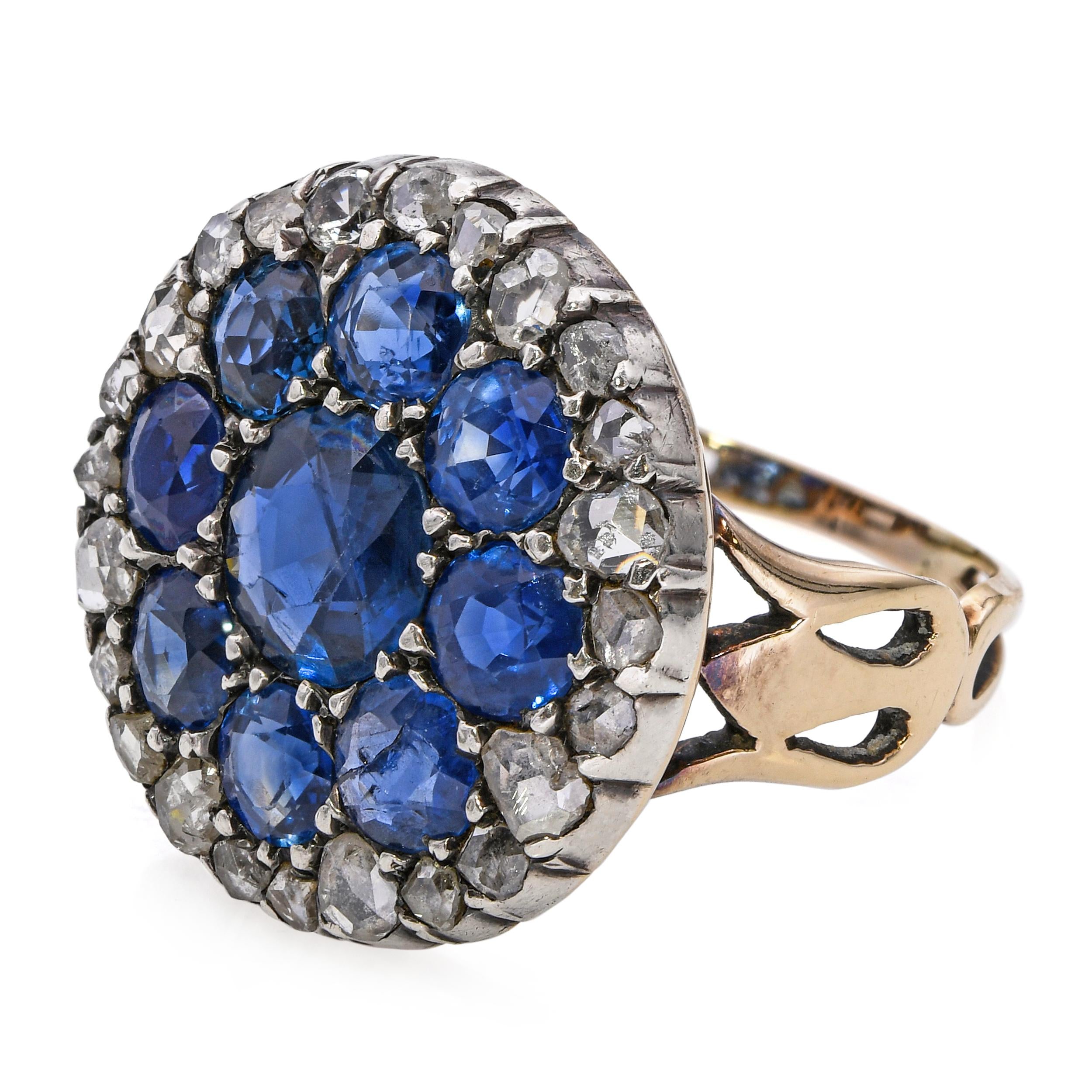 Victorian 14k Yellow Gold Unheated Burma Sapphire and Rose Cut Diamond Ring GIA