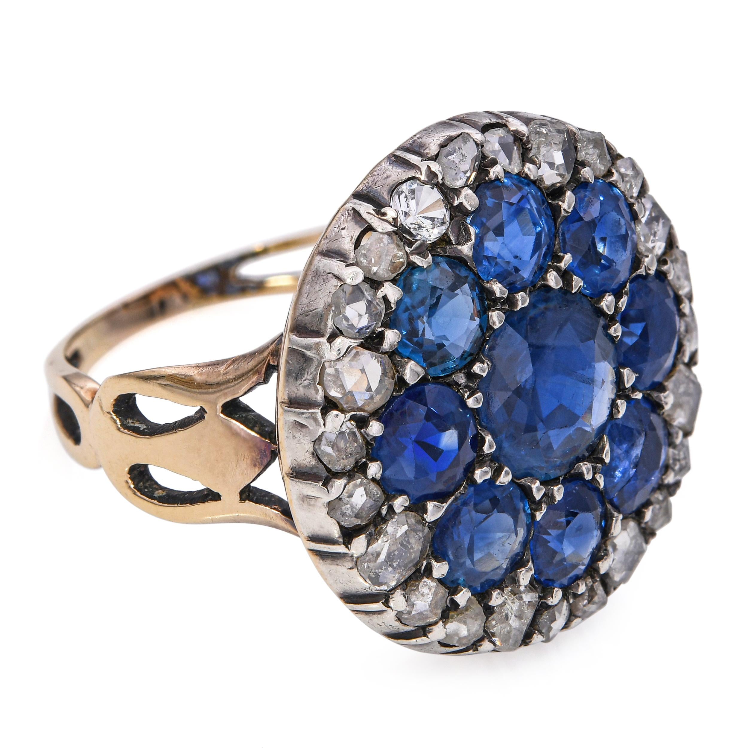 Victorian 14k Yellow Gold Unheated Burma Sapphire and Rose Cut Diamond Ring GIA