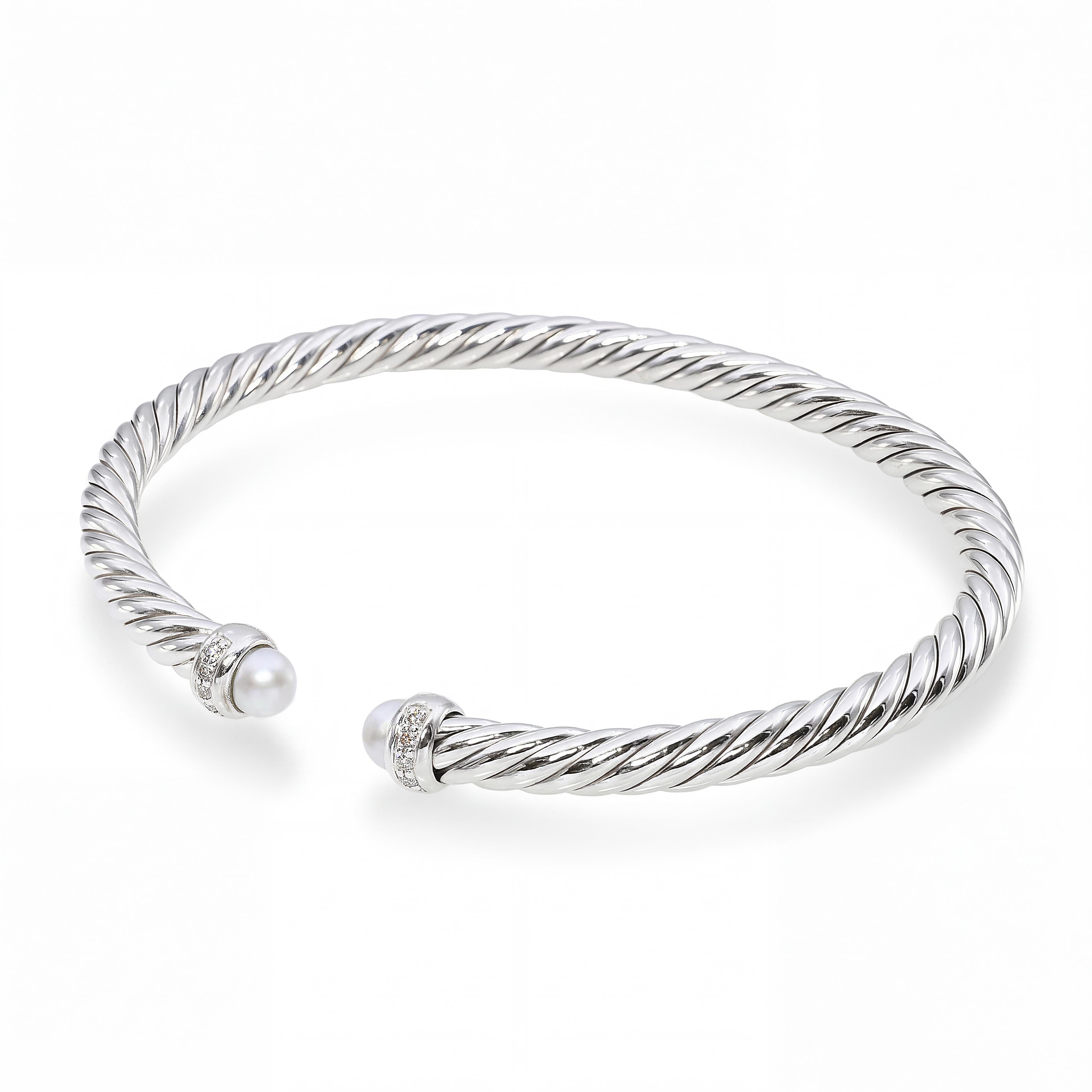 David Yurman Sterling Silver Pearl and Diamond Cable Cuff