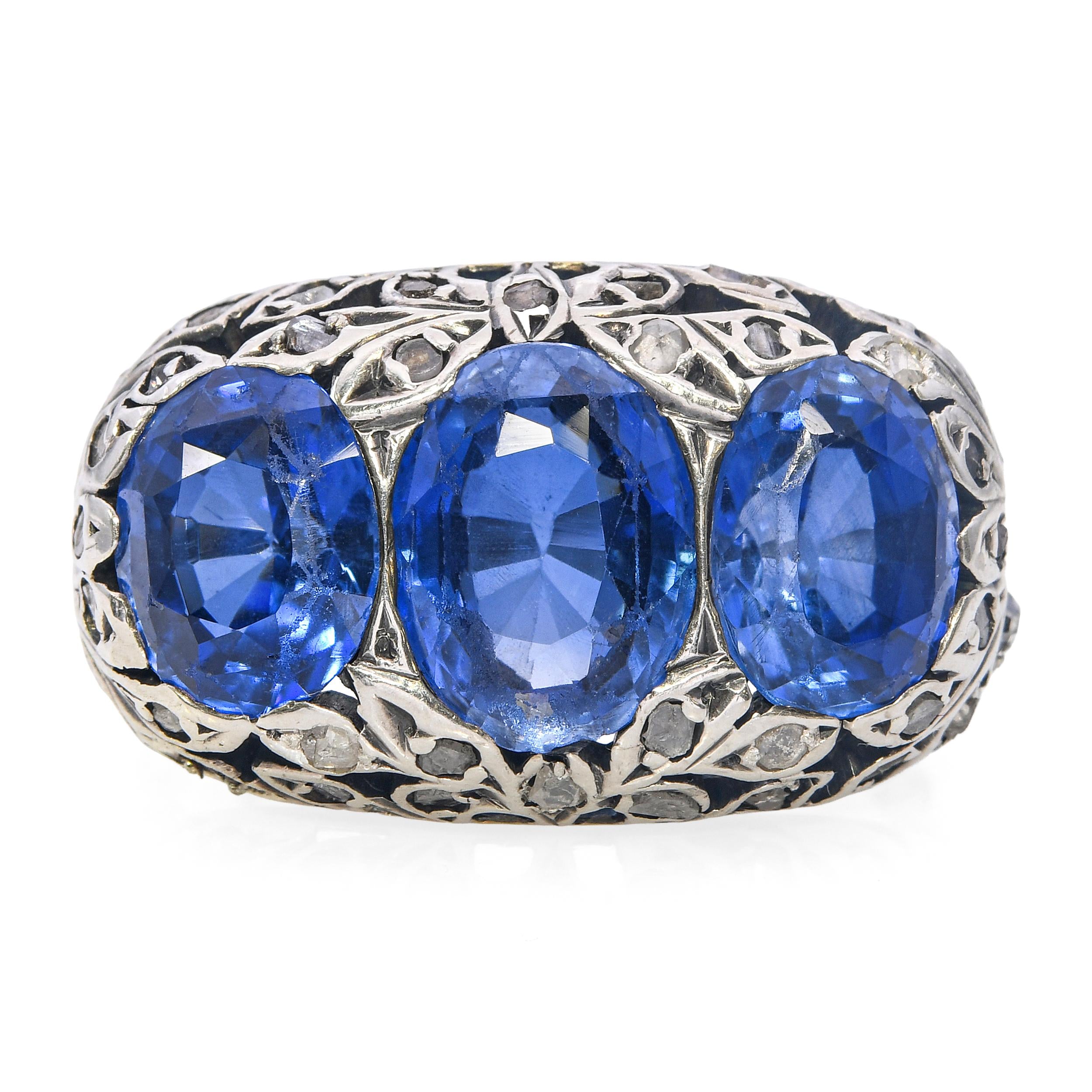 Antique 15k Yellow Gold Silver Topped Created Sapphire & Polki Diamond Ring