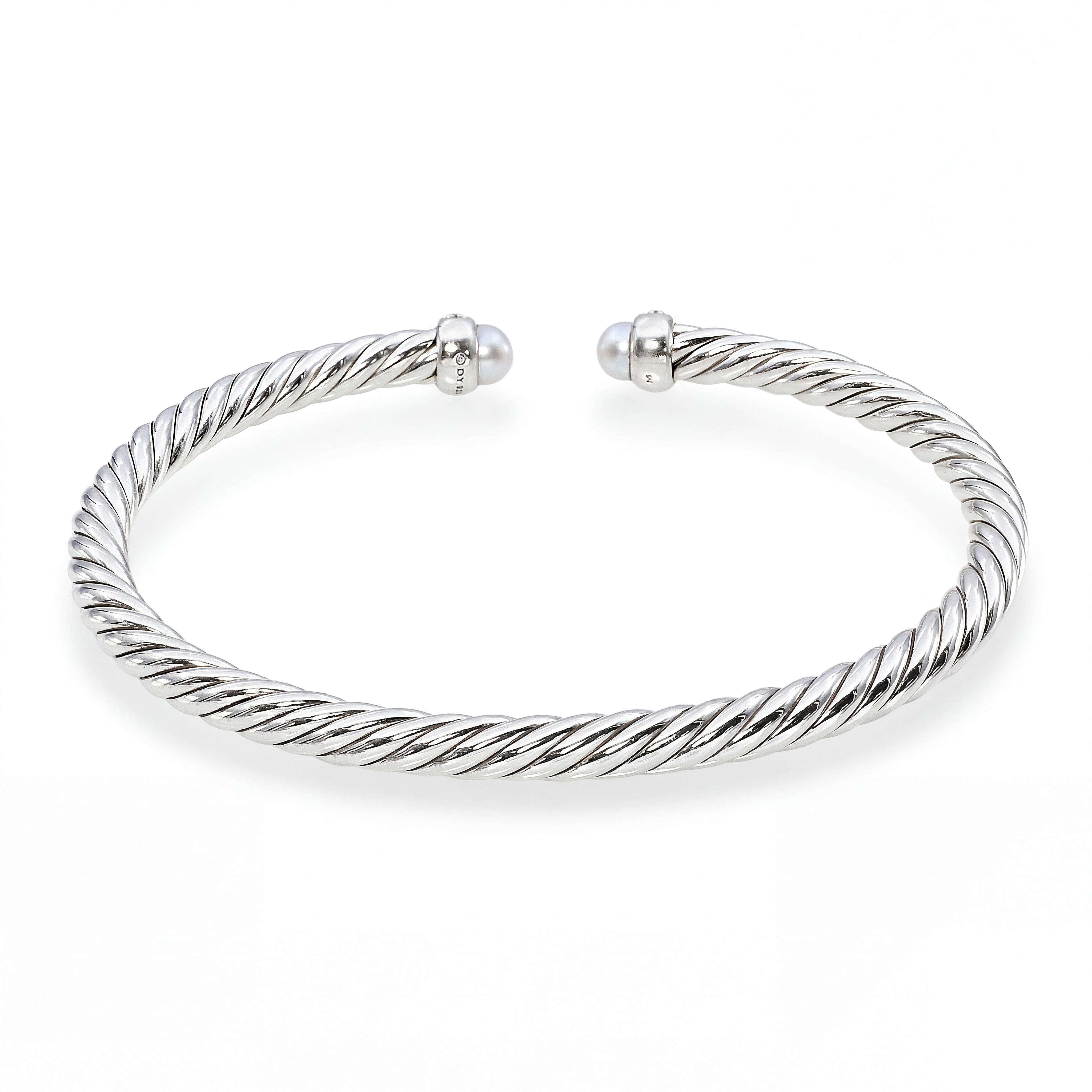 David Yurman Sterling Silver Pearl and Diamond Cable Cuff