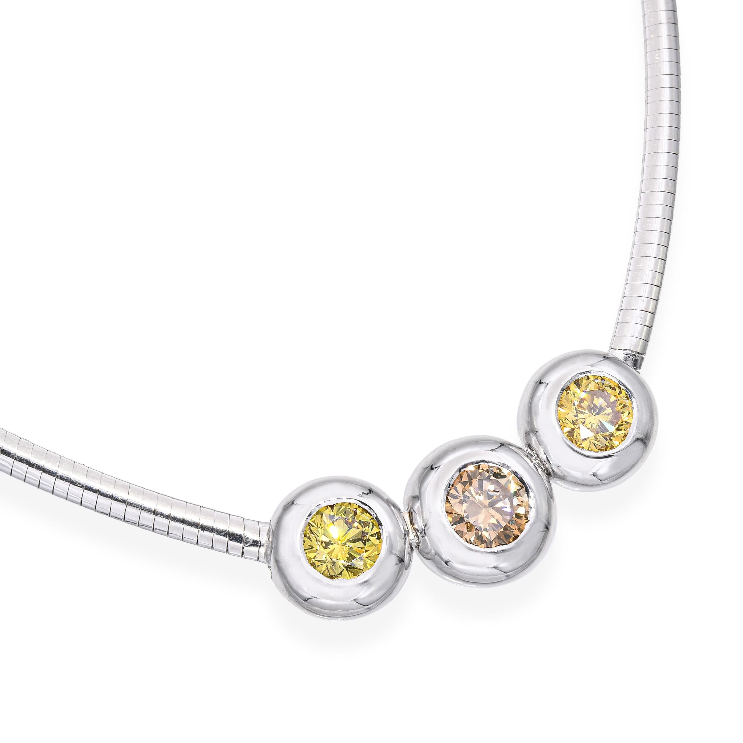 Vintage 14k White Gold 1.95ctw Yellow and Peach Diamond Bezel Necklace
