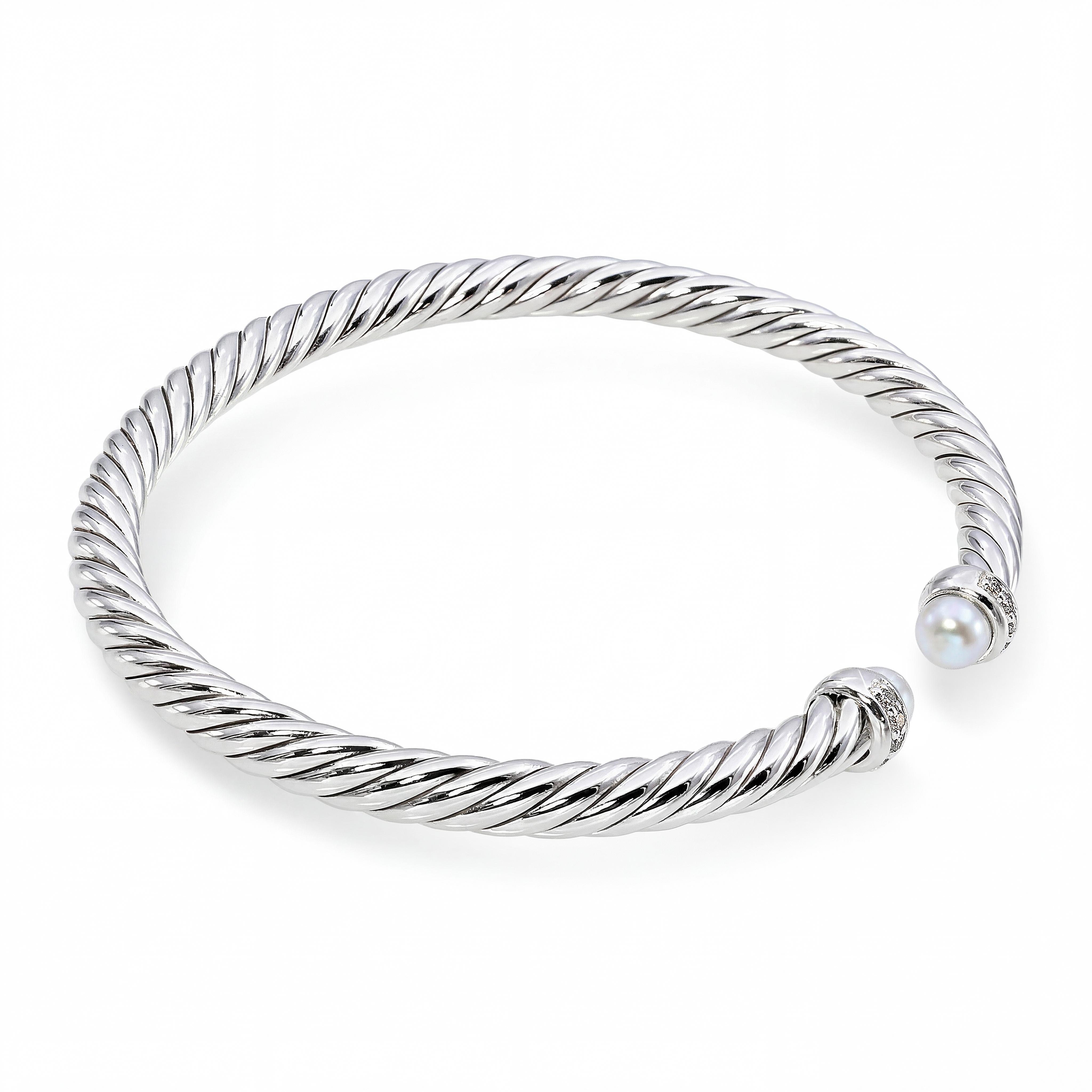 David Yurman Sterling Silver Pearl and Diamond Cable Cuff