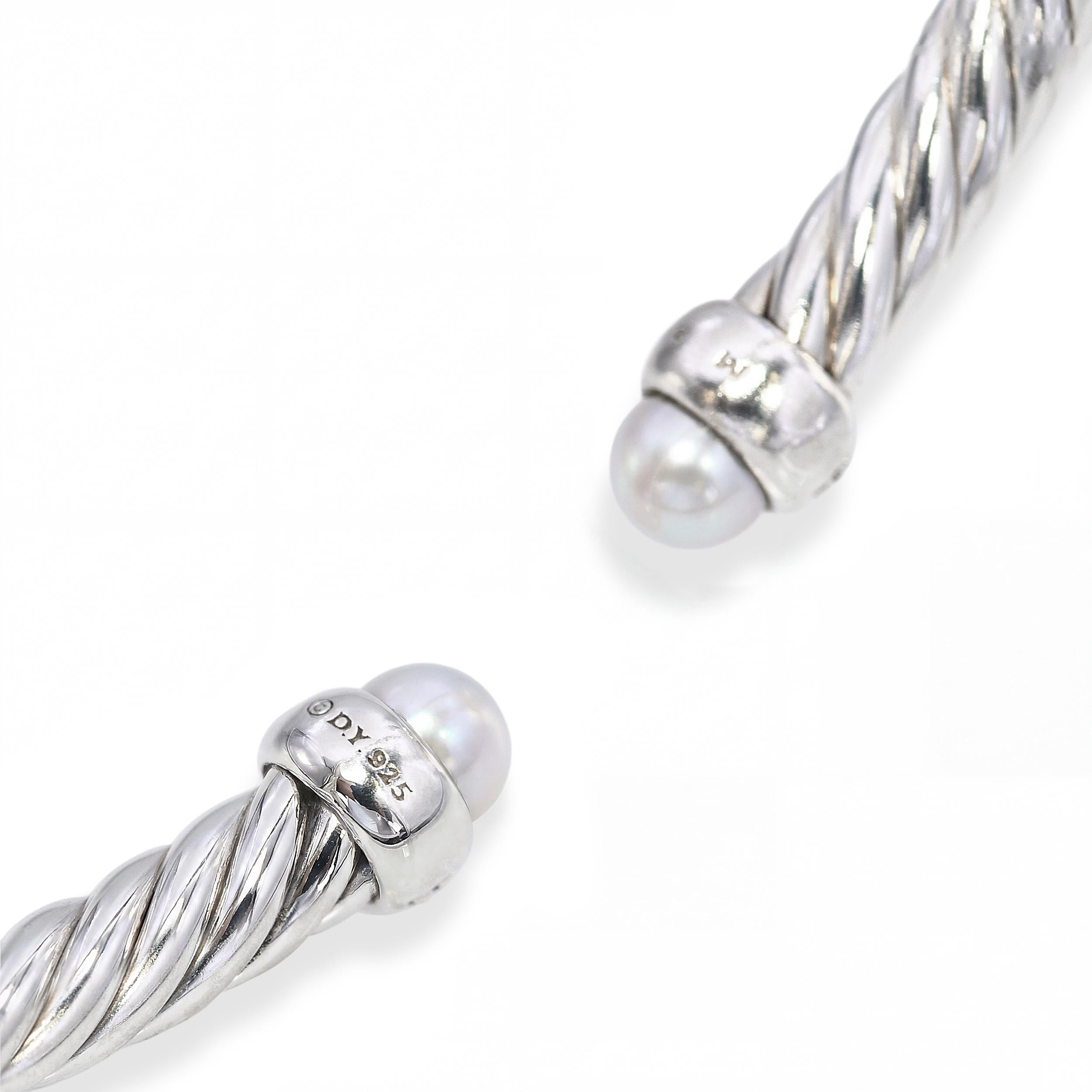David Yurman Sterling Silver Pearl and Diamond Cable Cuff