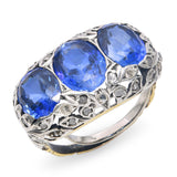 Antique 15k Yellow Gold Silver Topped Created Sapphire & Polki Diamond Ring