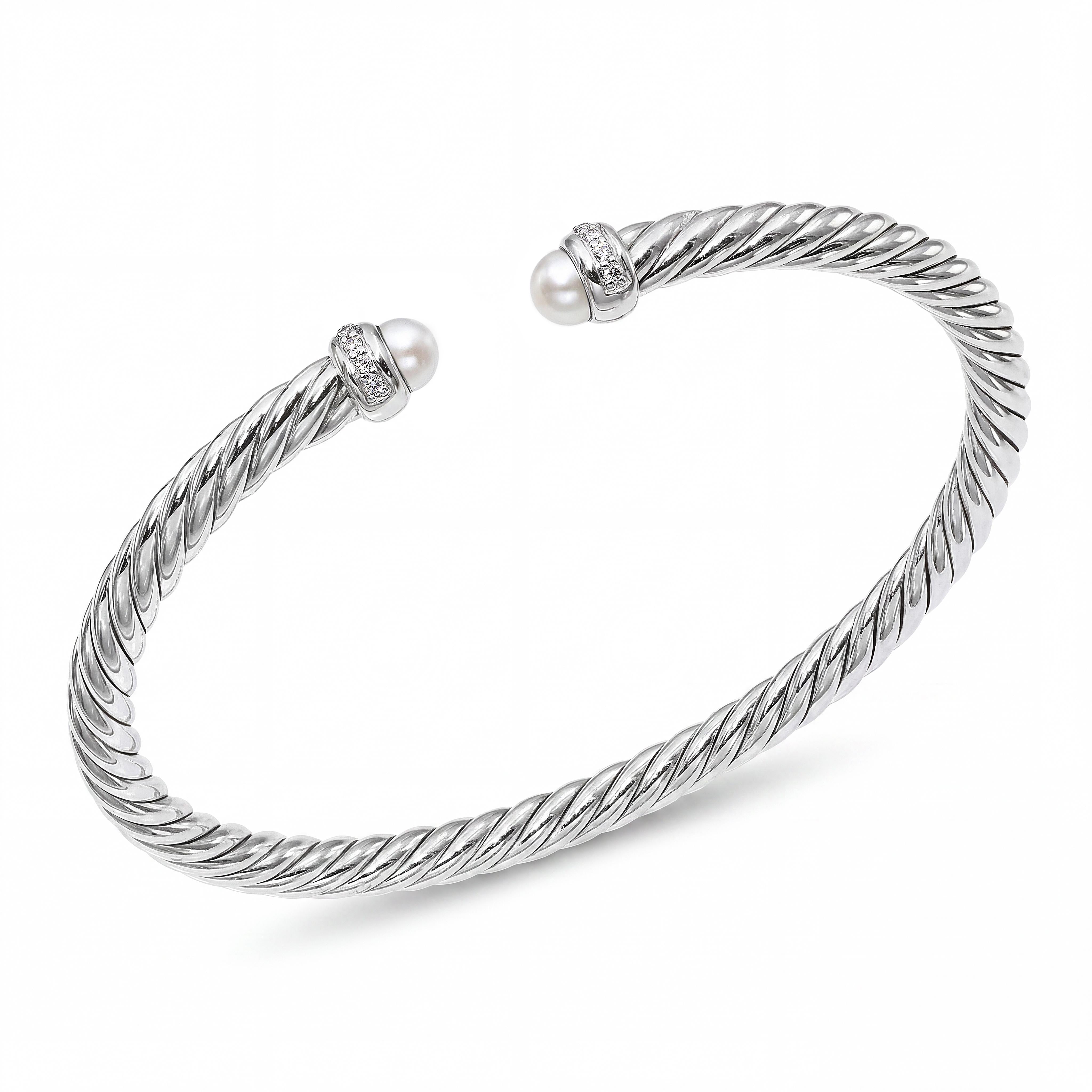 David Yurman Sterling Silver Pearl and Diamond Cable Cuff