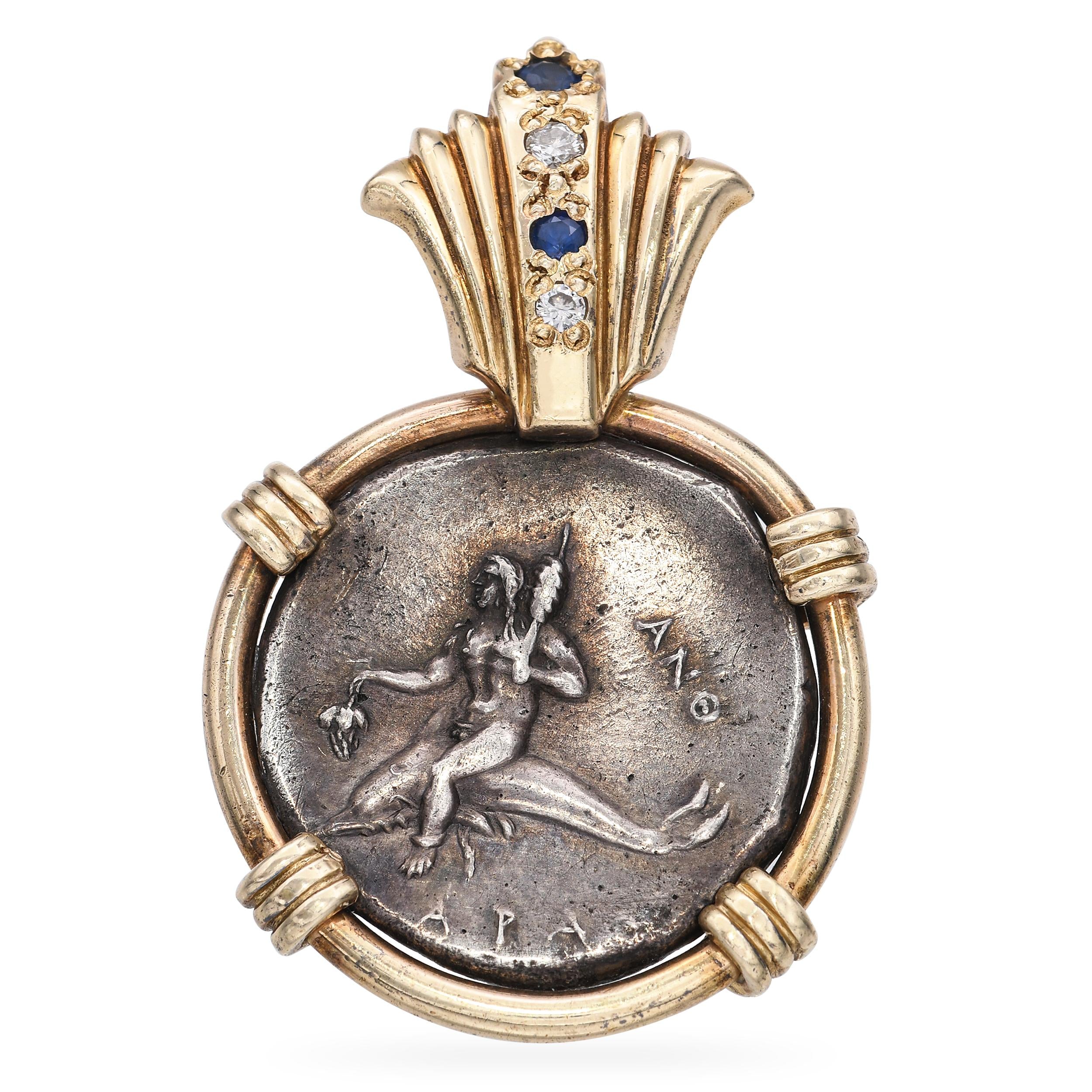 Vintage 14k Yellow Gold Ancient Greek "Taras" Artifact Coin Diamond Pendant