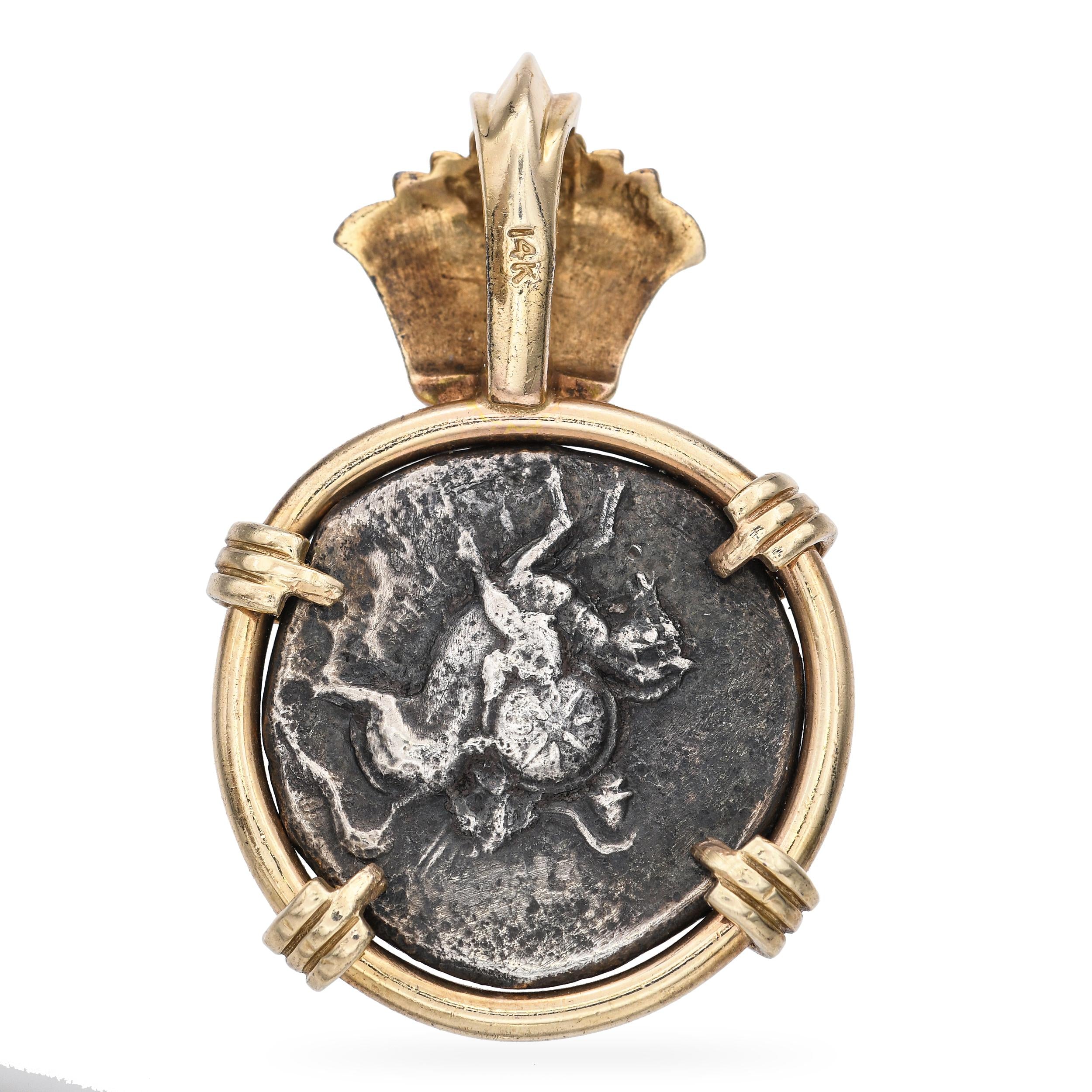 Vintage 14k Yellow Gold Ancient Greek "Taras" Artifact Coin Diamond Pendant