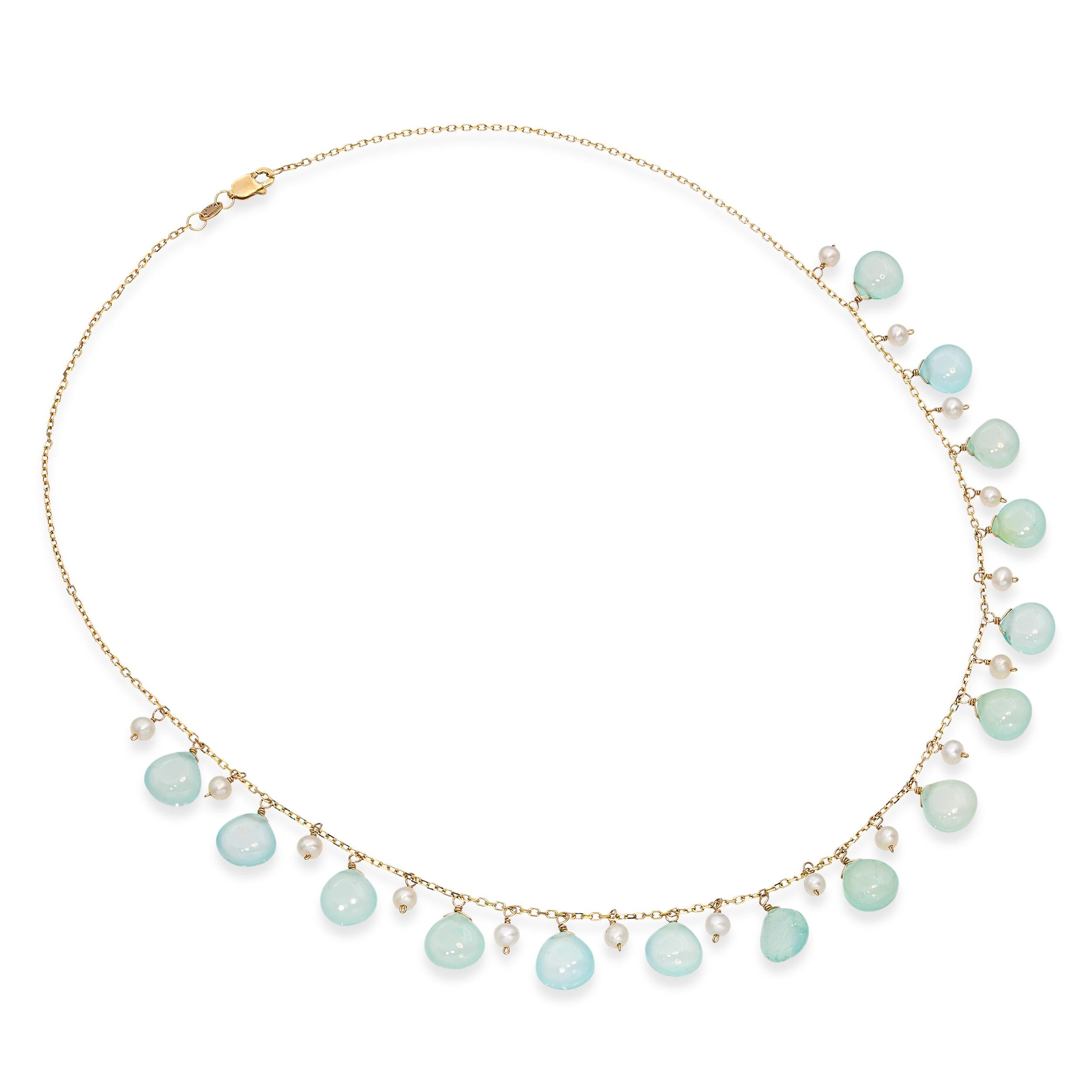 14k Yellow Gold Aquamarine and Pearl Drop Station Necklace