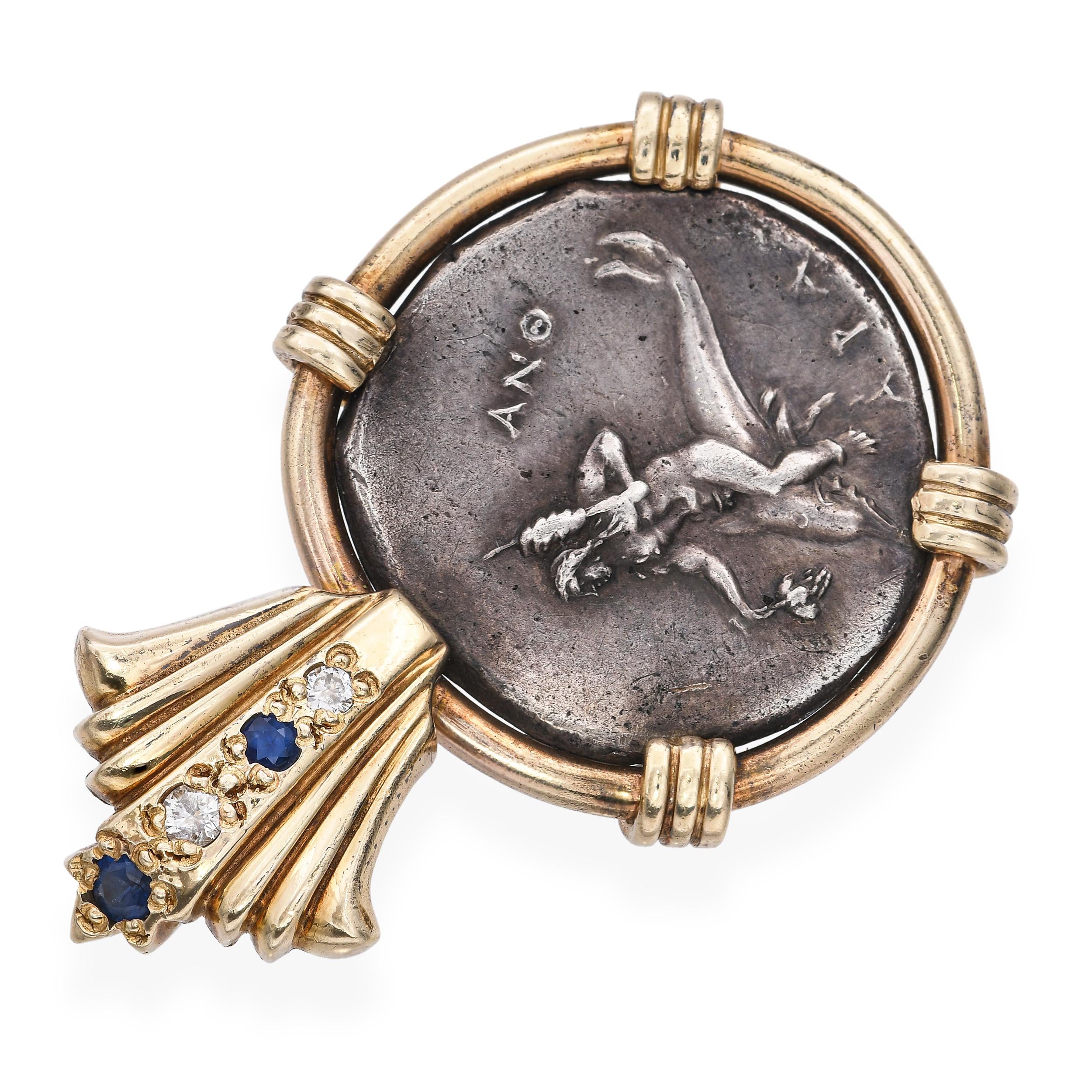 Vintage 14k Yellow Gold Ancient Greek "Taras" Artifact Coin Diamond Pendant