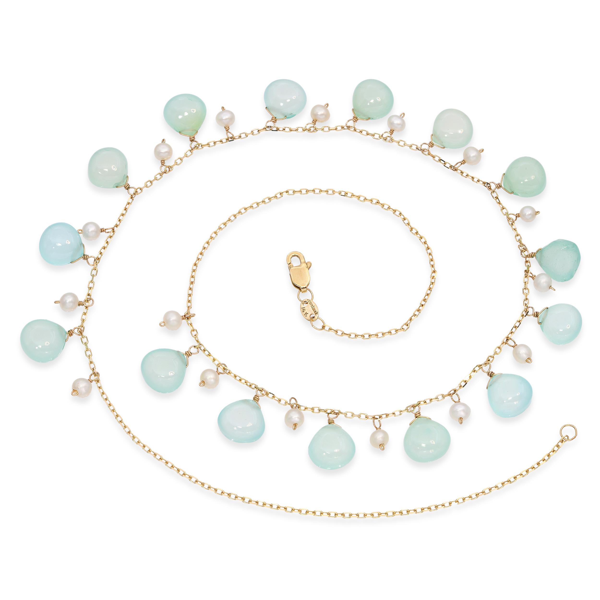 14k Yellow Gold Aquamarine and Pearl Drop Station Necklace