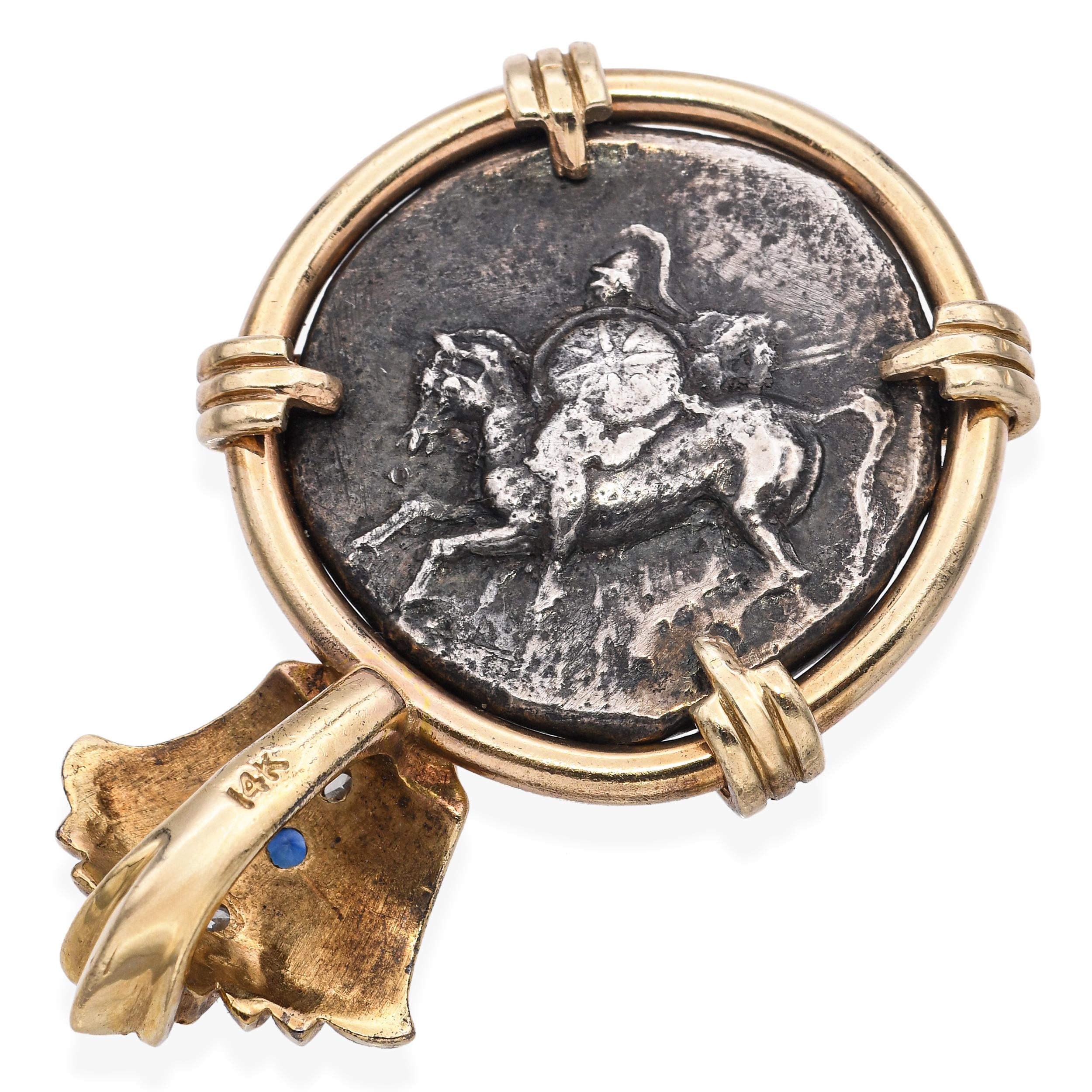 Vintage 14k Yellow Gold Ancient Greek "Taras" Artifact Coin Diamond Pendant