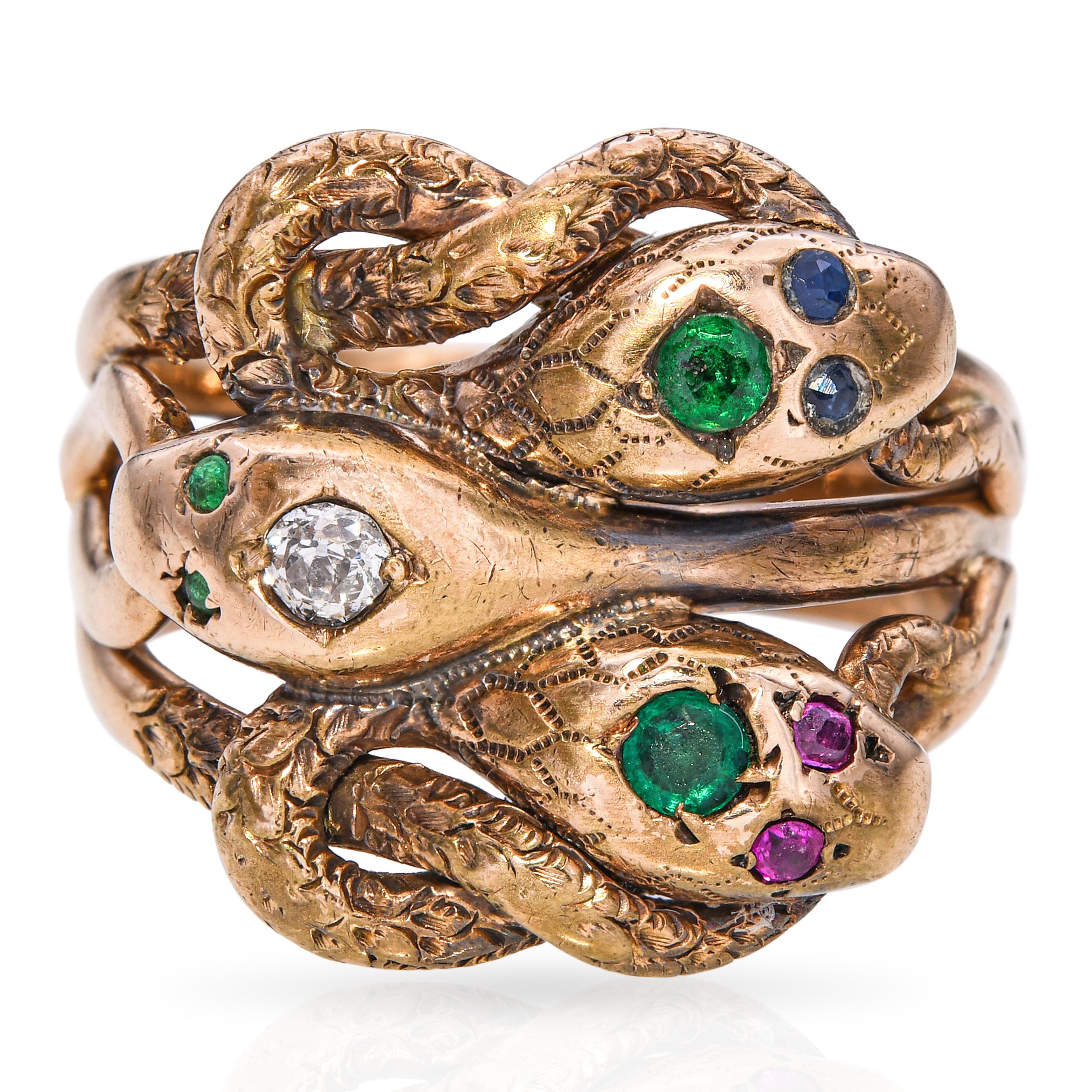 Antique 10k Gold Diamond, Ruby, Sapphire and Emerald Triple-Headed Snake Ring