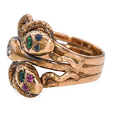 Antique 10k Gold Diamond, Ruby, Sapphire and Emerald Triple-Headed Snake Ring