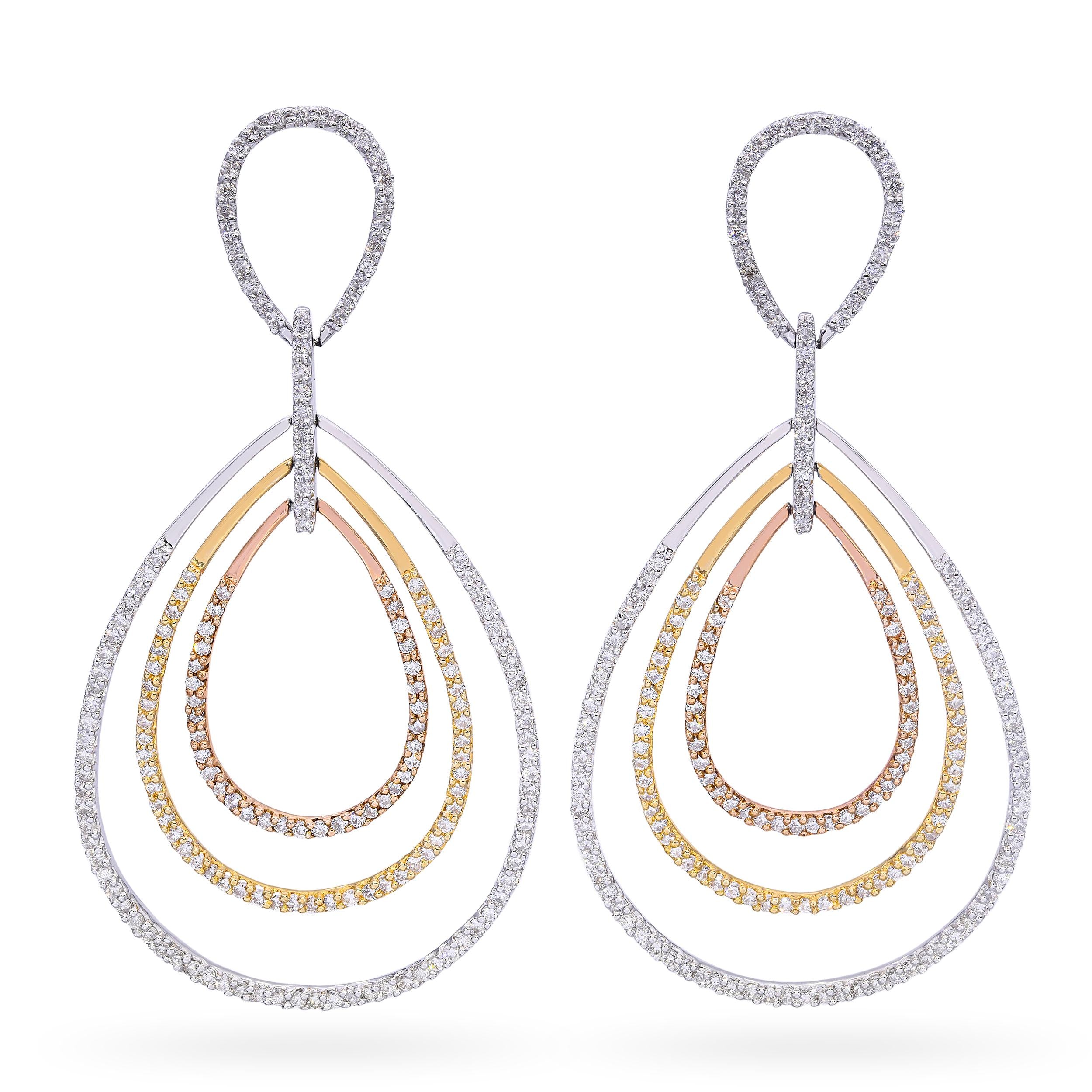14k Tri Tone Gold and 4.06Ctw Diamond Drop Earrings