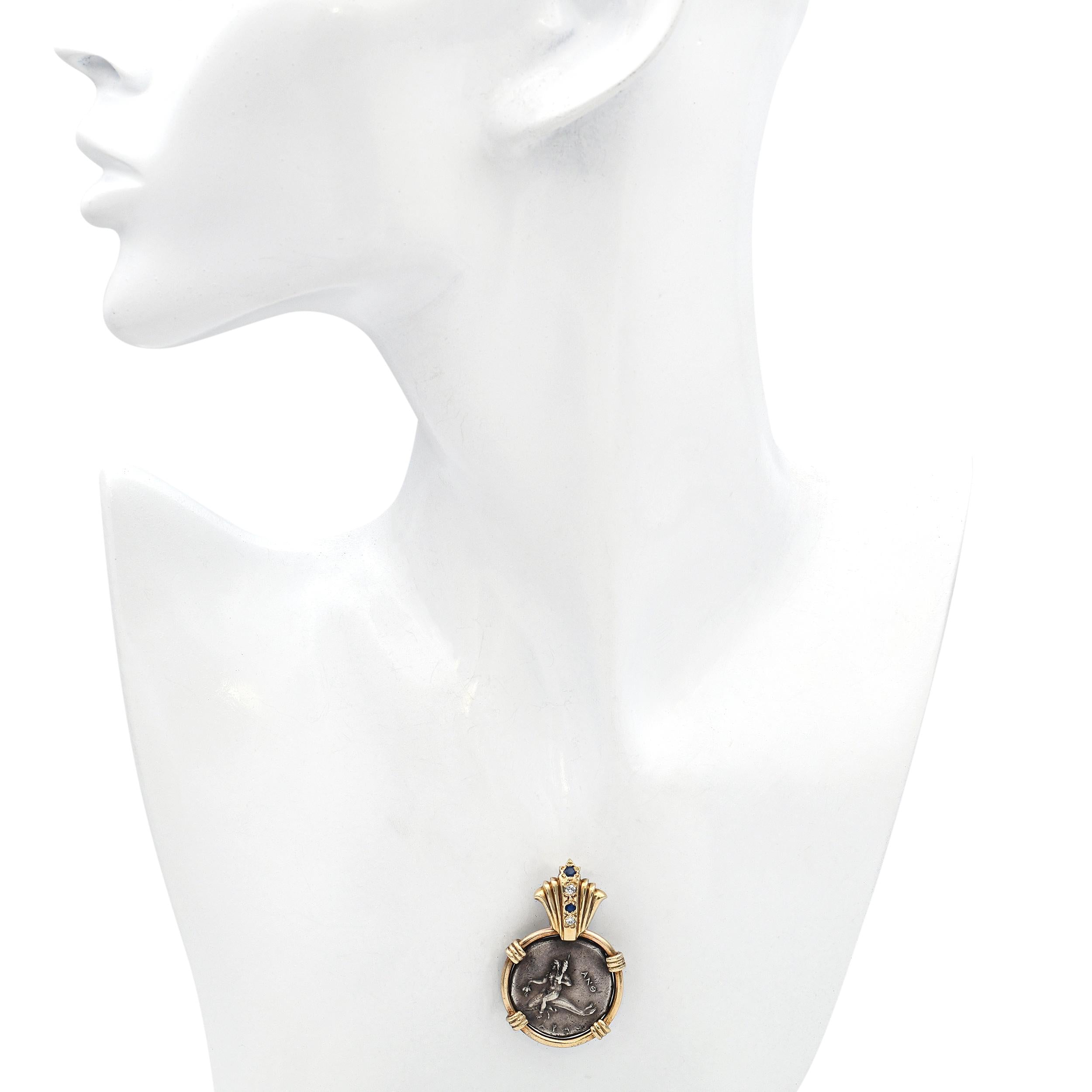 Vintage 14k Yellow Gold Ancient Greek "Taras" Artifact Coin Diamond Pendant