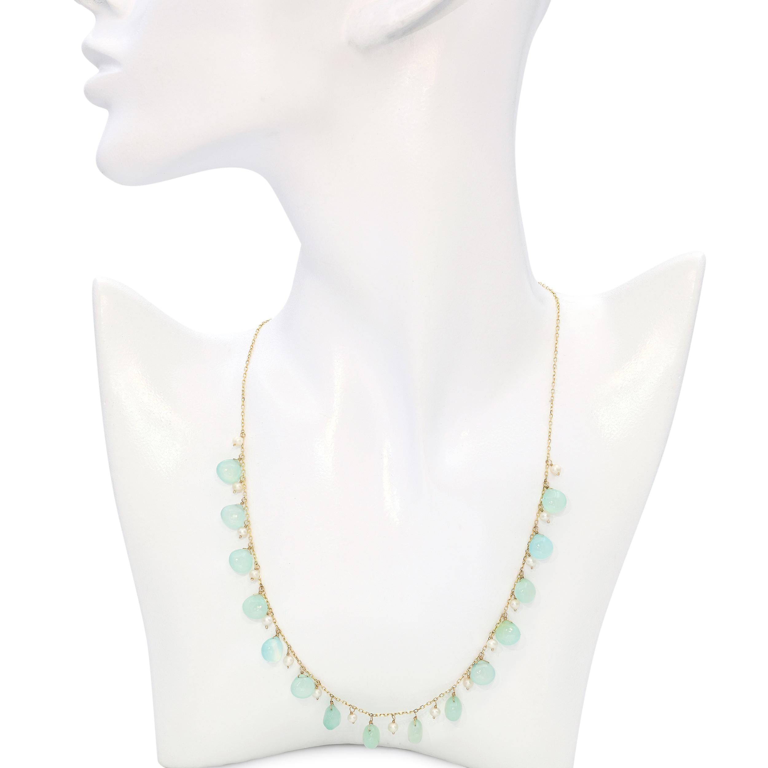 14k Yellow Gold Aquamarine and Pearl Drop Station Necklace