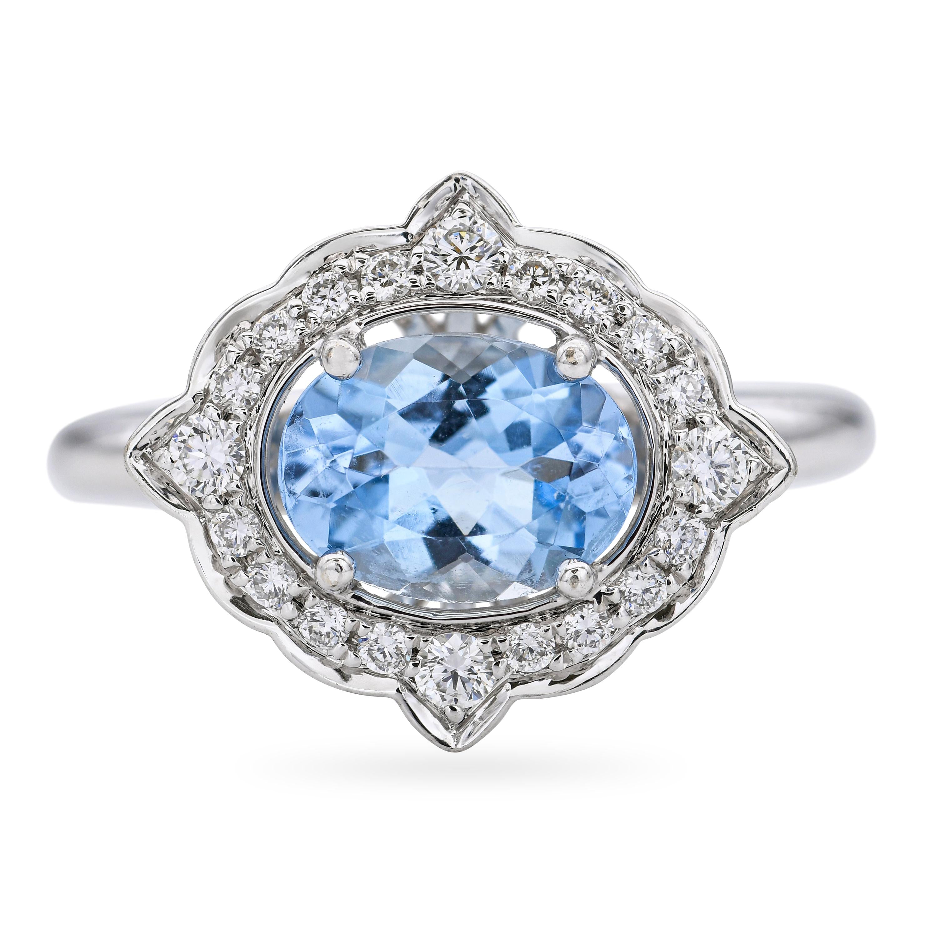14k White Gold Aquamarine and Diamond Halo Ring