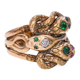 Antique 10k Gold Diamond, Ruby, Sapphire and Emerald Triple-Headed Snake Ring