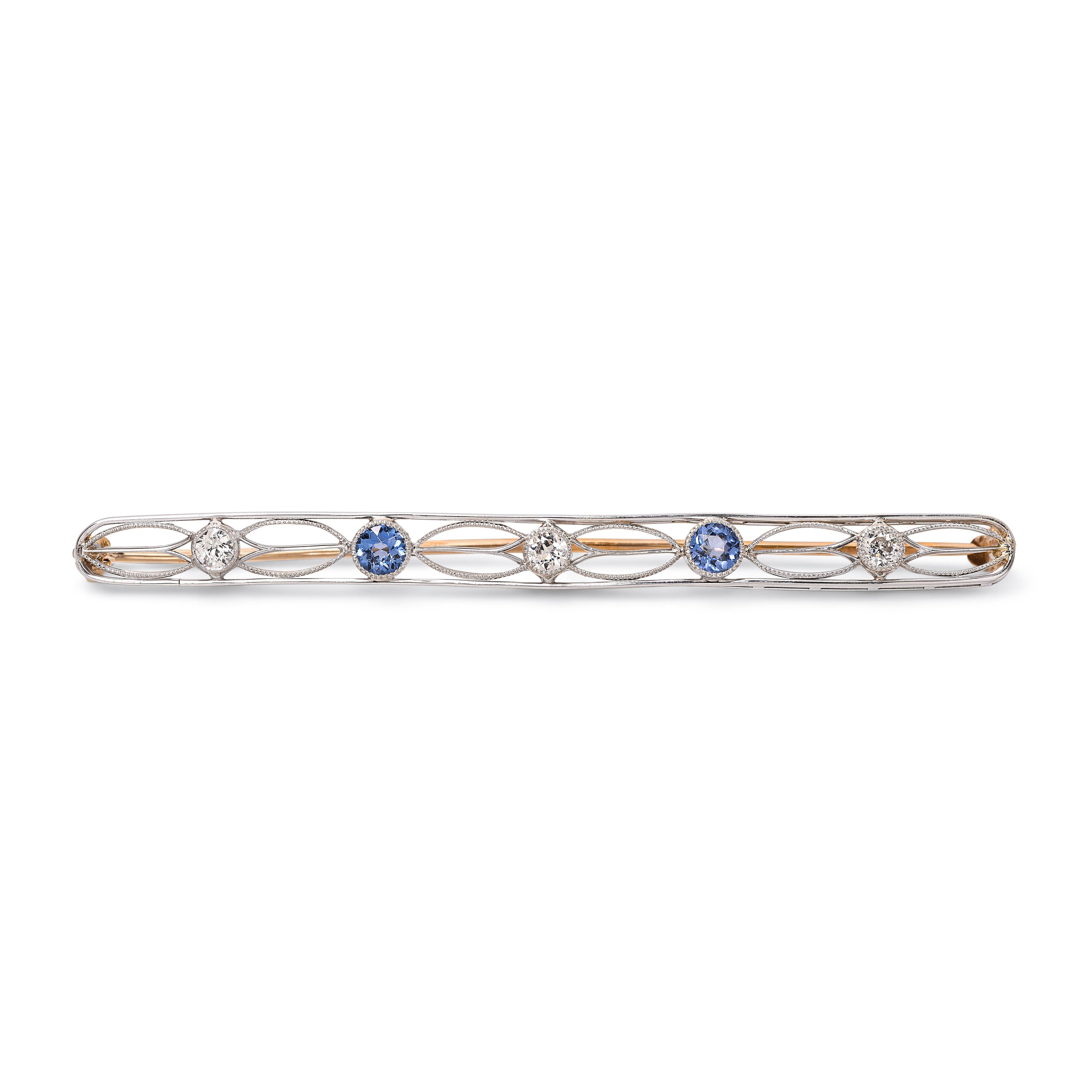 Antique Edwardian Platinum and Gold Diamond and Sapphire Openwork Bar Brooch