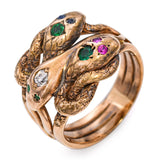 Antique 10k Gold Diamond, Ruby, Sapphire and Emerald Triple-Headed Snake Ring
