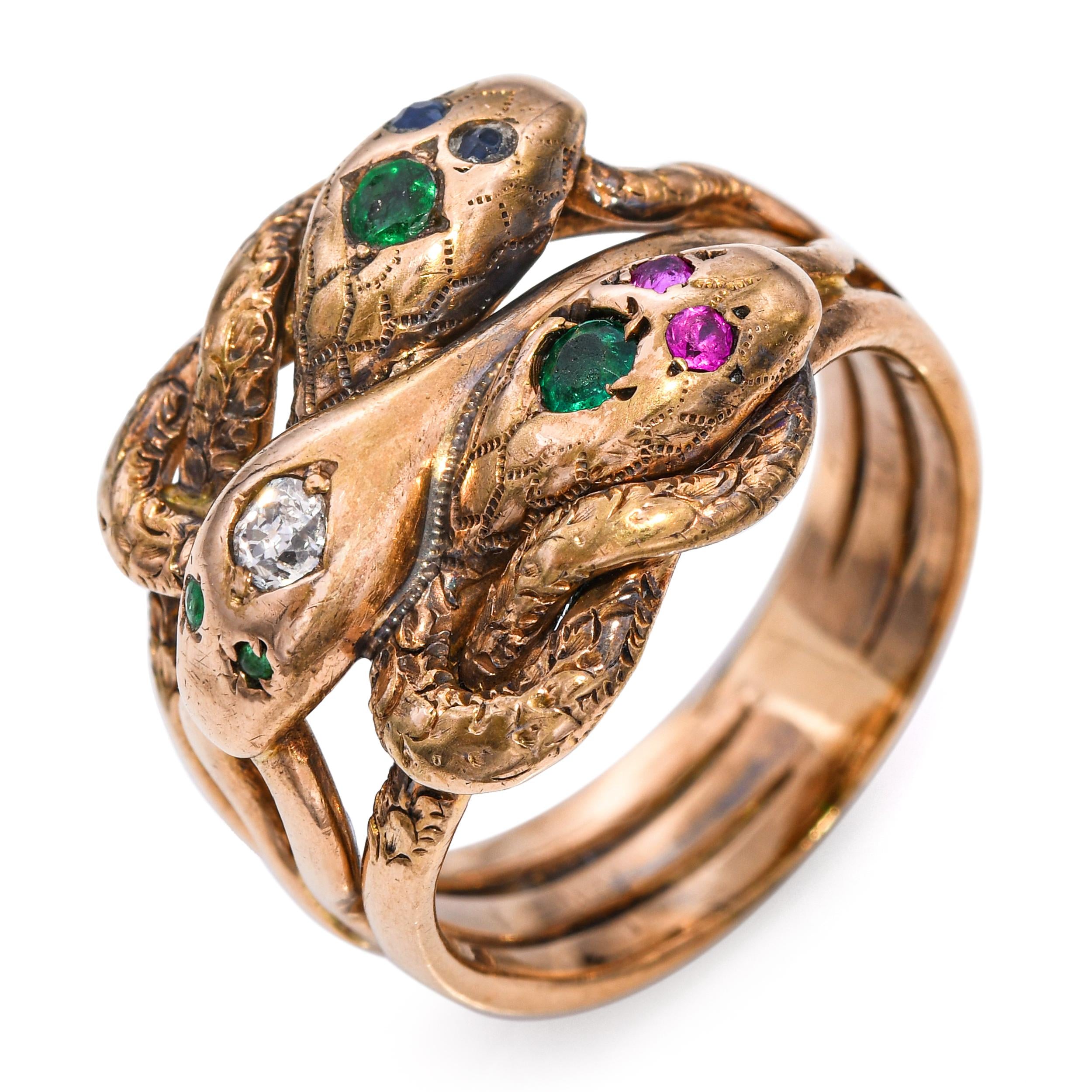 Antique 10k Gold Diamond, Ruby, Sapphire and Emerald Triple-Headed Snake Ring