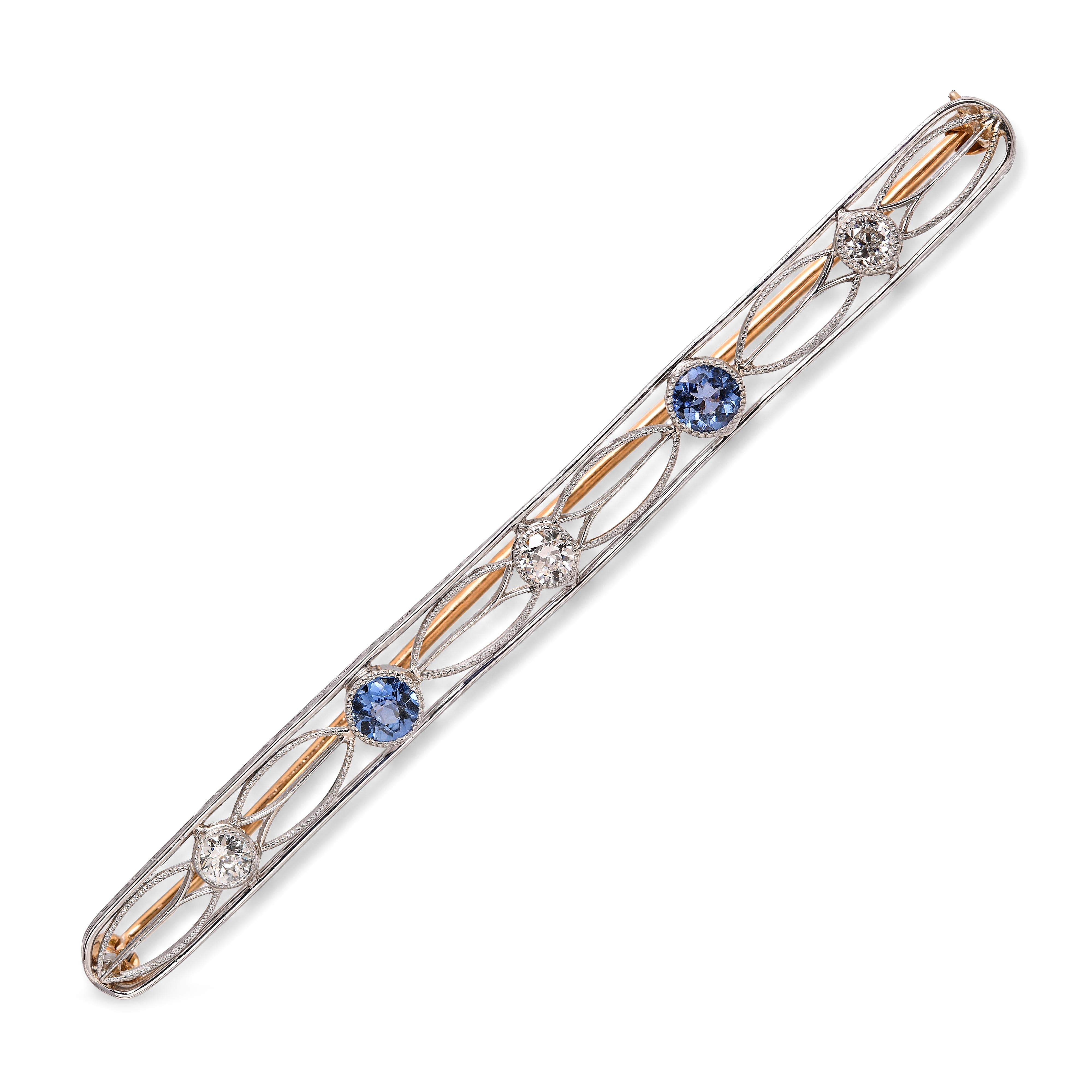 Antique Edwardian Platinum and Gold Diamond and Sapphire Openwork Bar Brooch