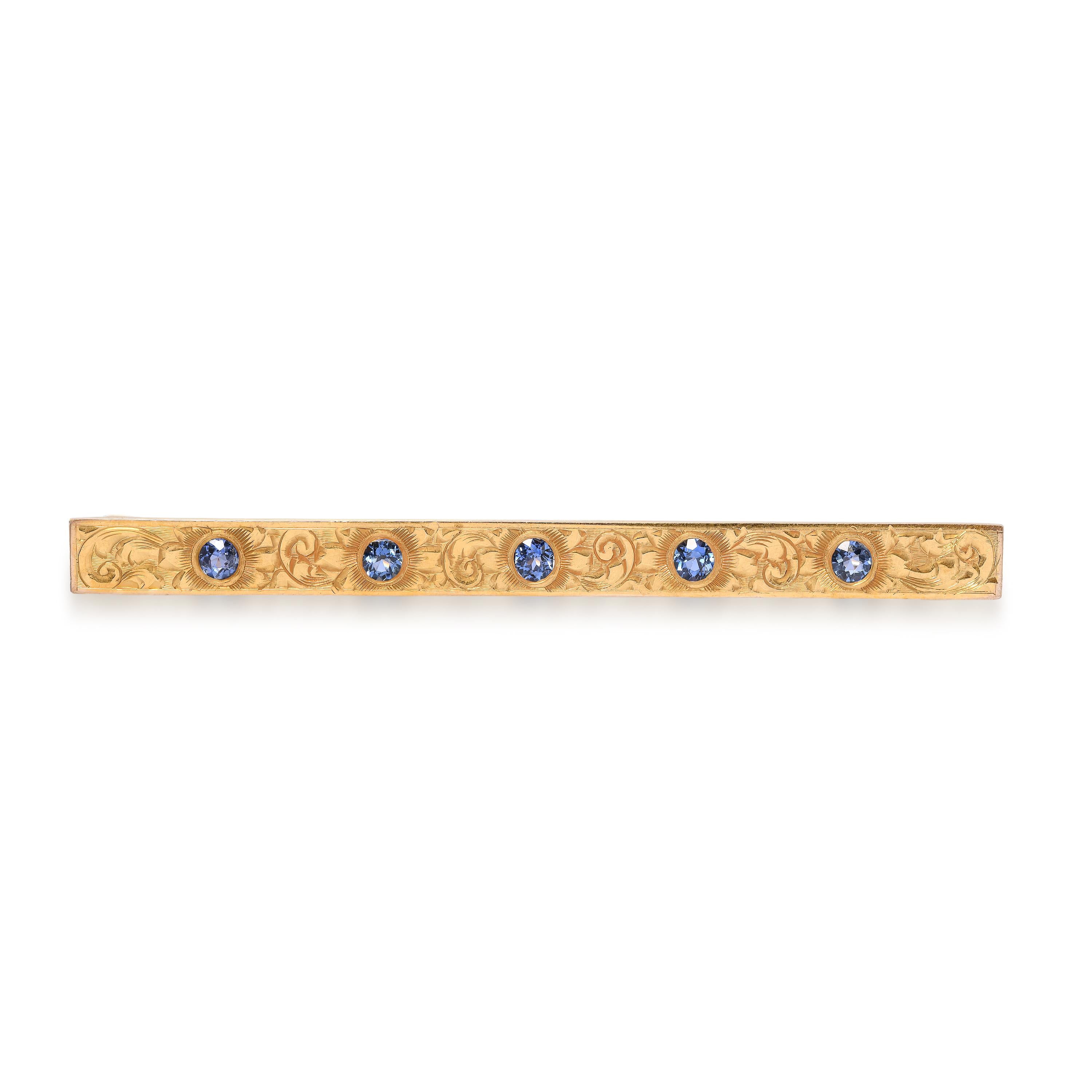 Antique 14k Yellow Gold and Sapphire Engraved Bar Brooch