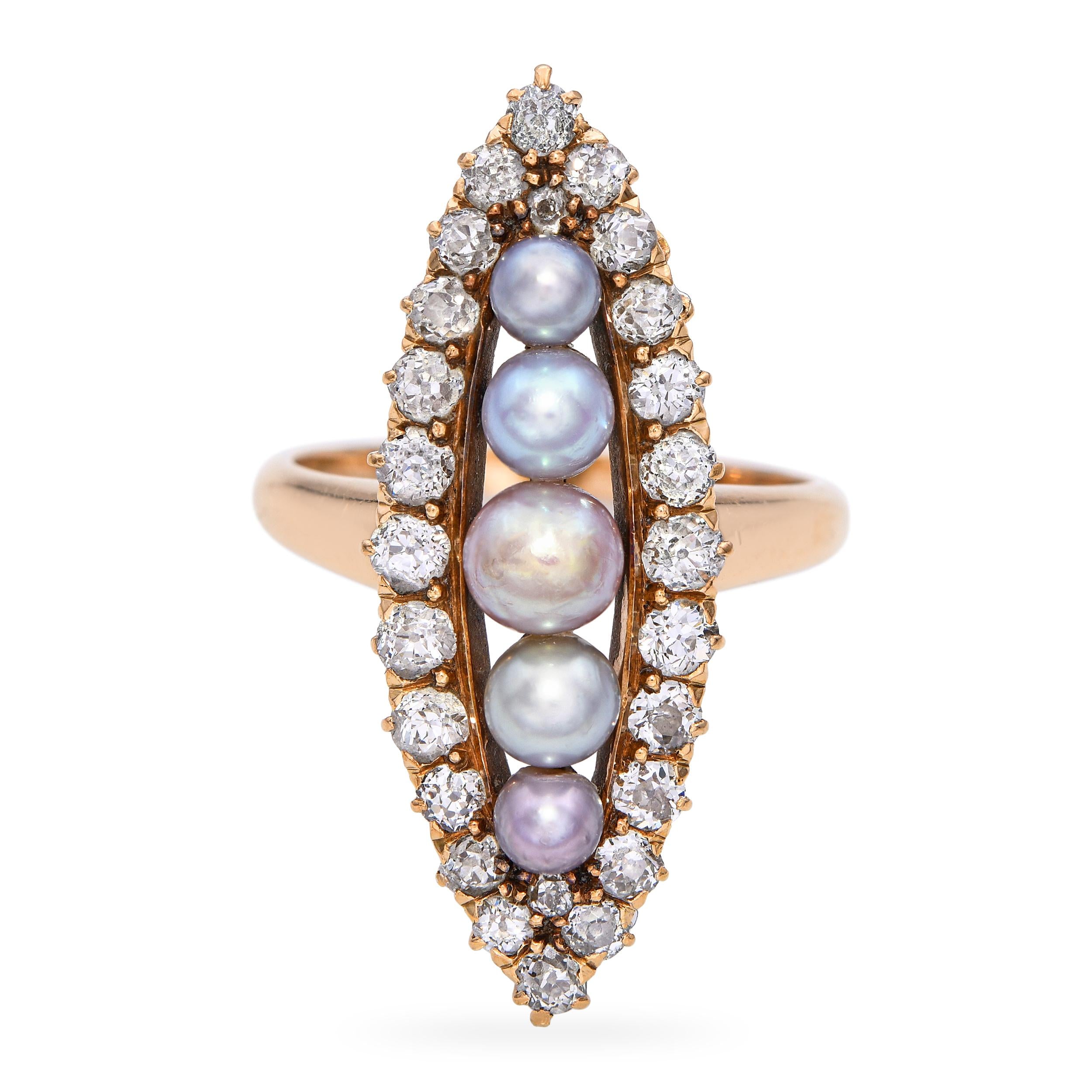 Victorian Navette 18k Yellow Gold Natural Pearl and Diamond Ring