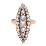 Victorian Navette 18k Yellow Gold Natural Pearl and Diamond Ring