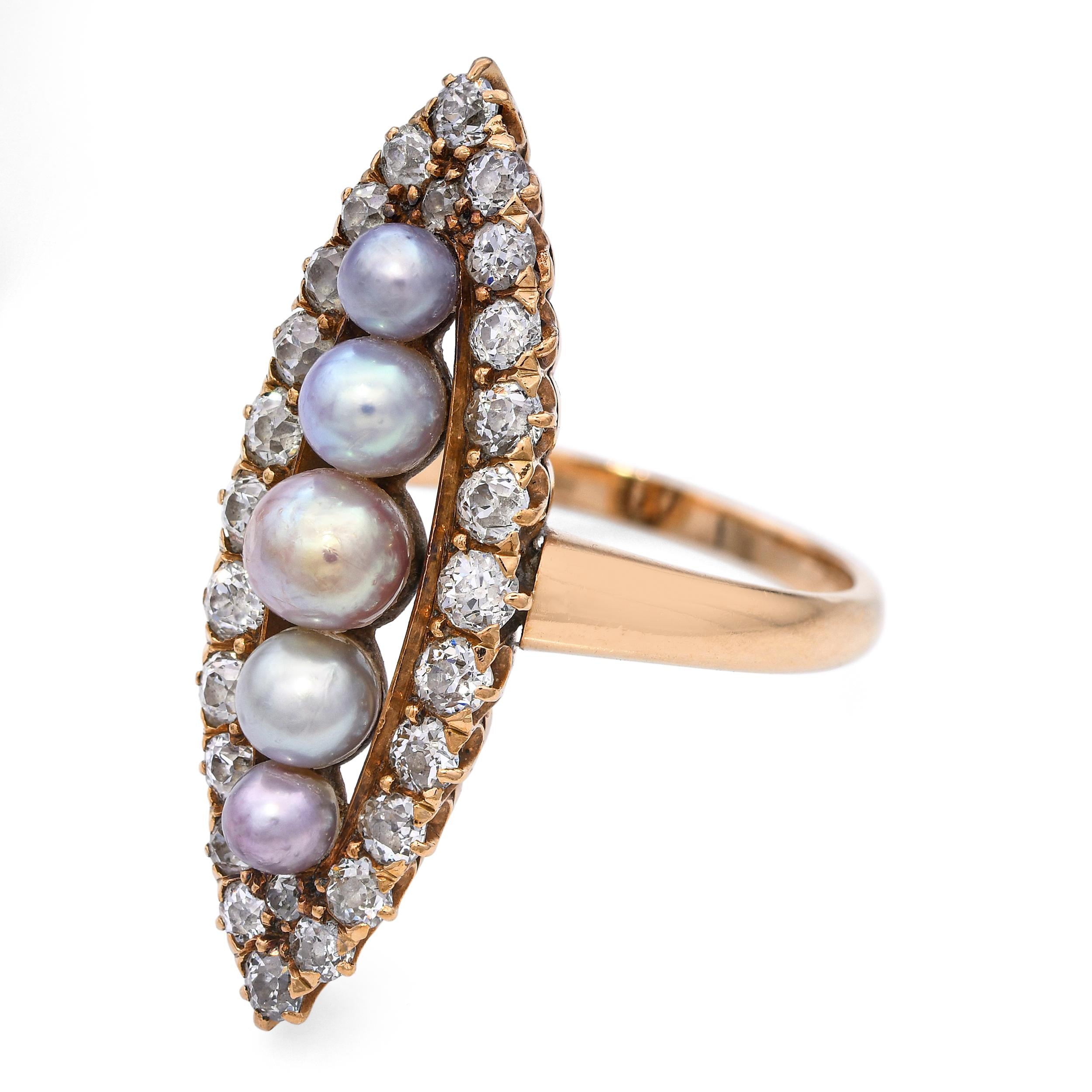 Victorian Navette 18k Yellow Gold Natural Pearl and Diamond Ring