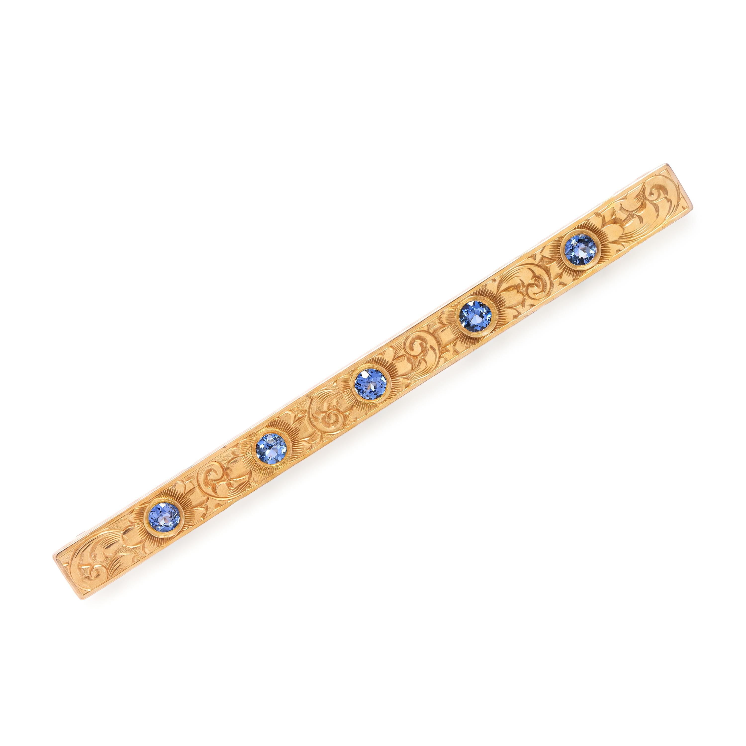Antique 14k Yellow Gold and Sapphire Engraved Bar Brooch