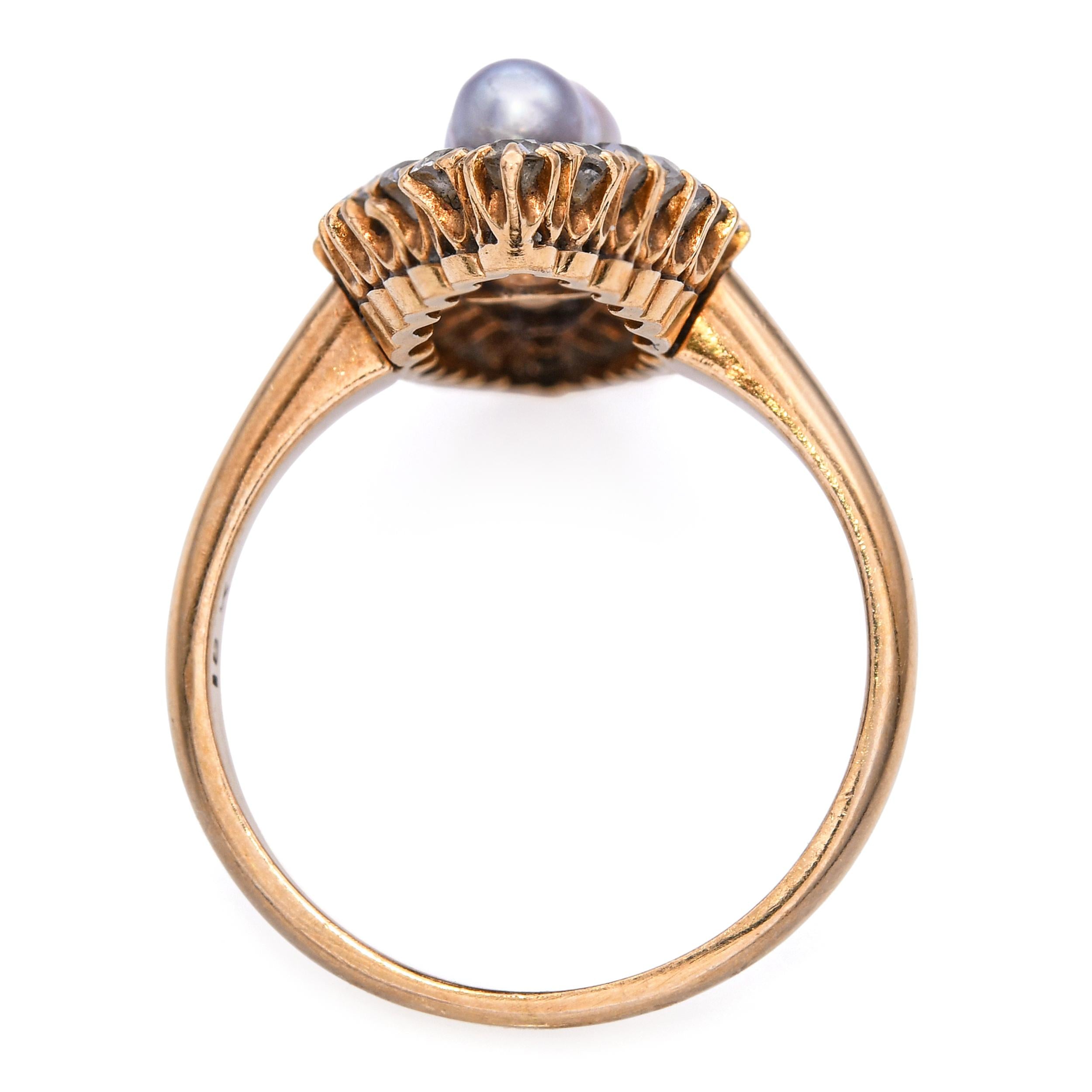 Victorian Navette 18k Yellow Gold Natural Pearl and Diamond Ring