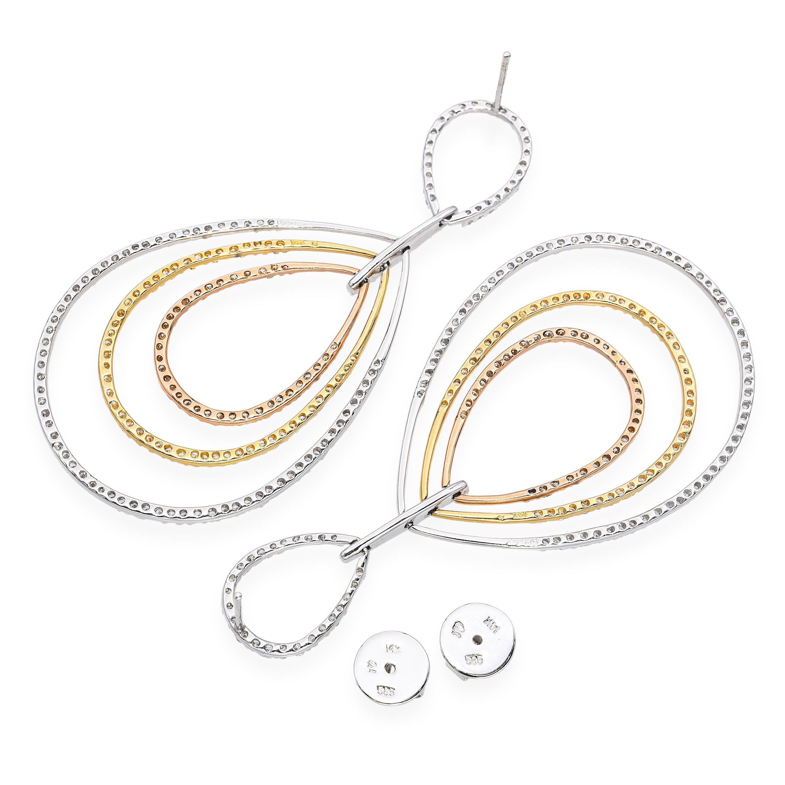 14k Tri Tone Gold and 4.06Ctw Diamond Drop Earrings