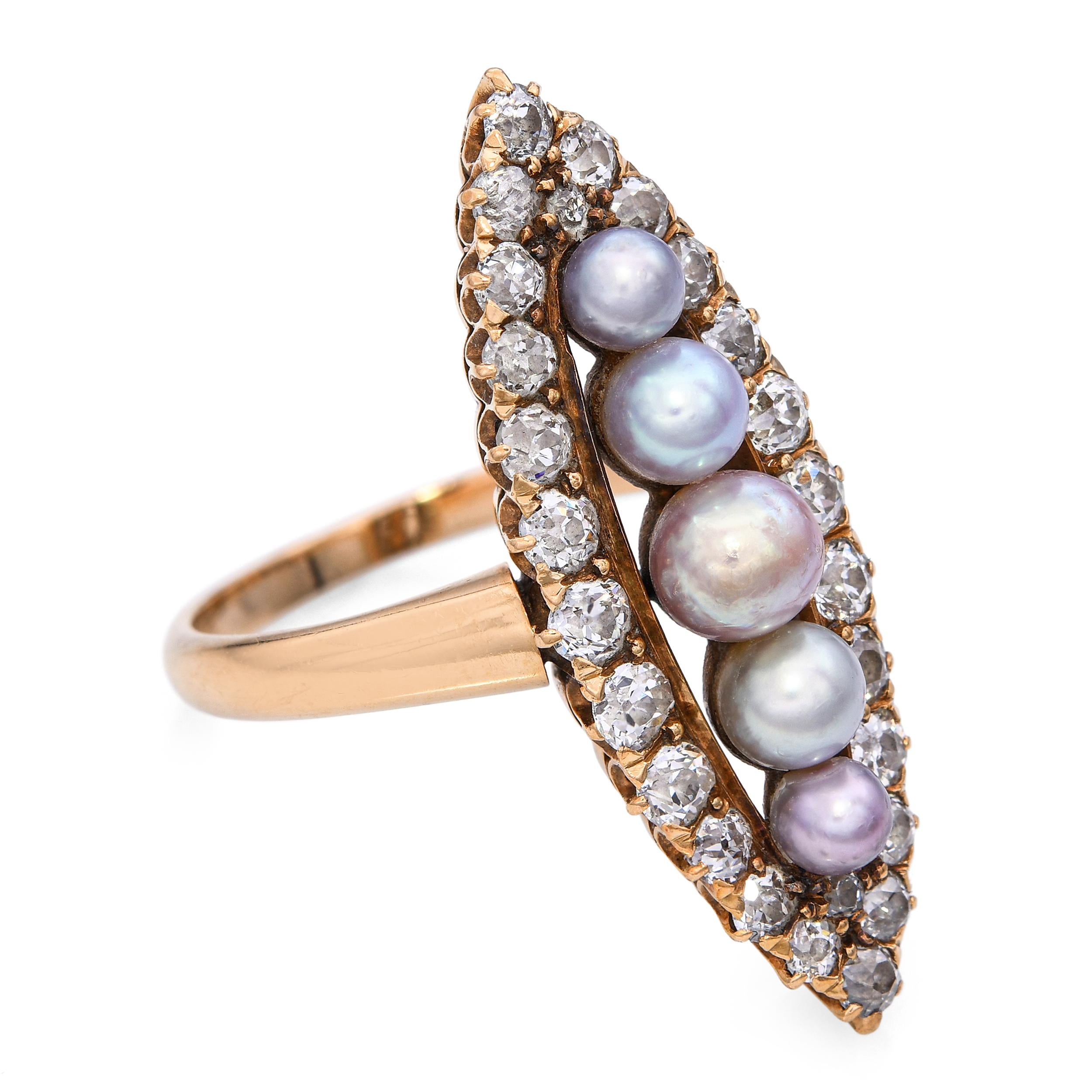 Victorian Navette 18k Yellow Gold Natural Pearl and Diamond Ring