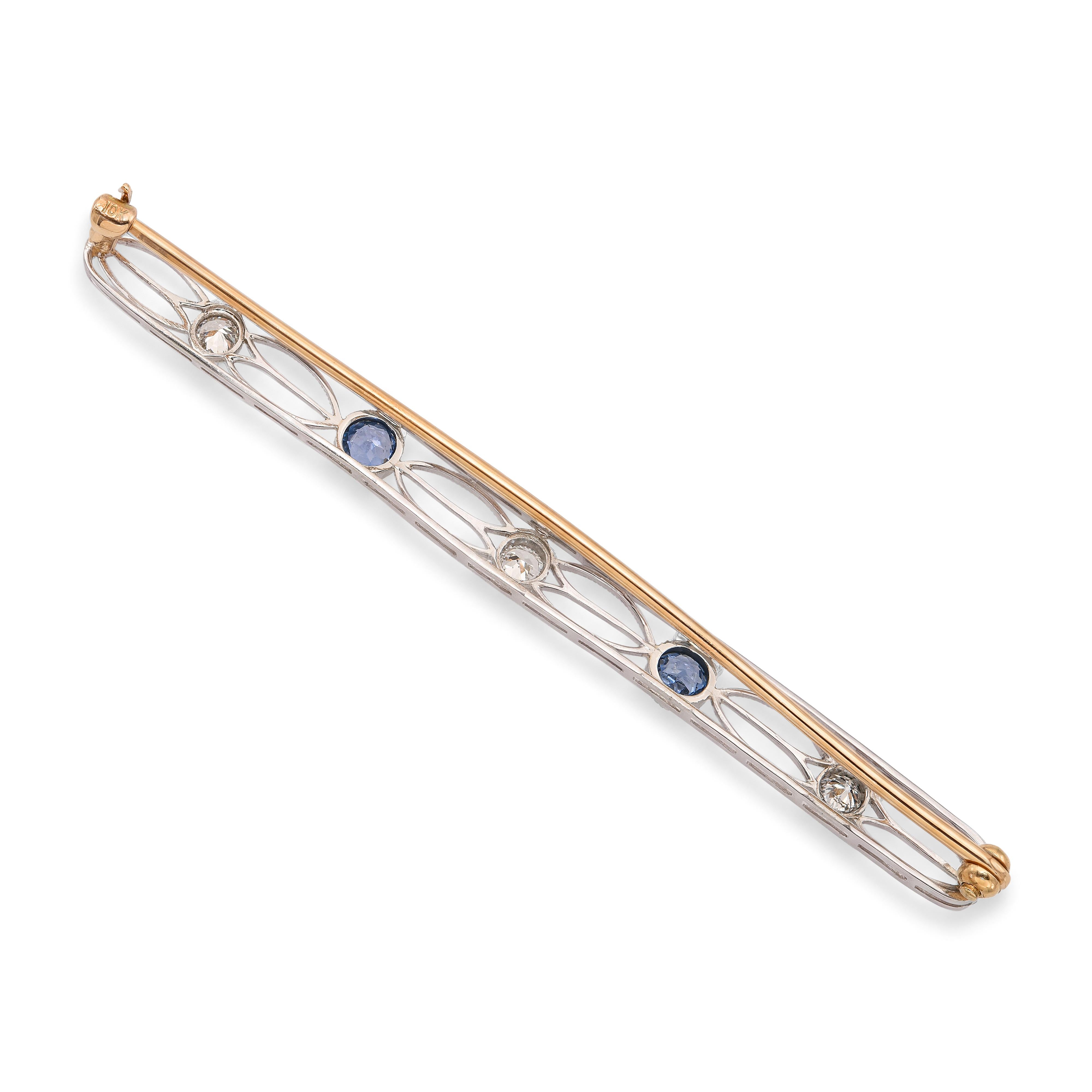 Antique Edwardian Platinum and Gold Diamond and Sapphire Openwork Bar Brooch