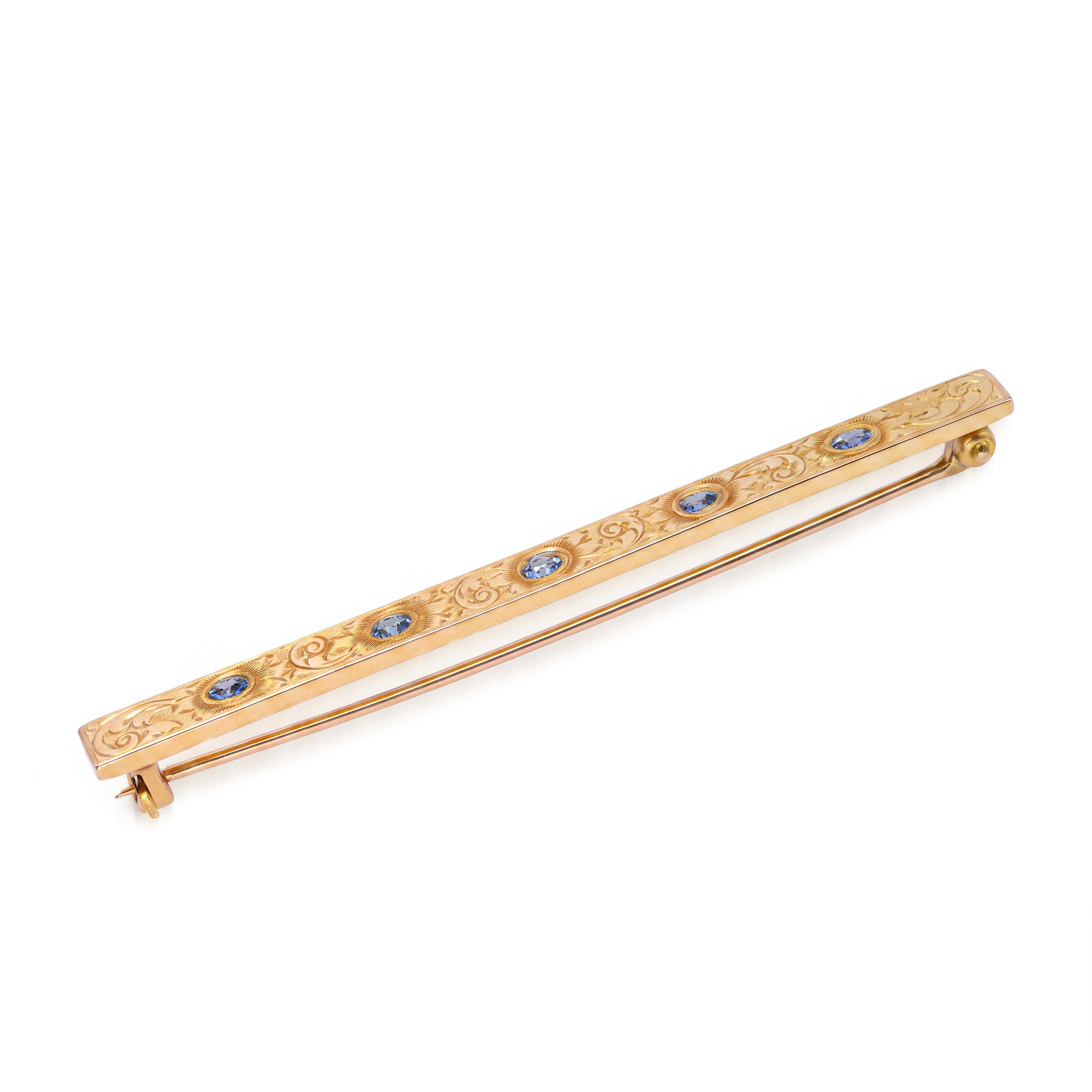 Antique 14k Yellow Gold and Sapphire Engraved Bar Brooch