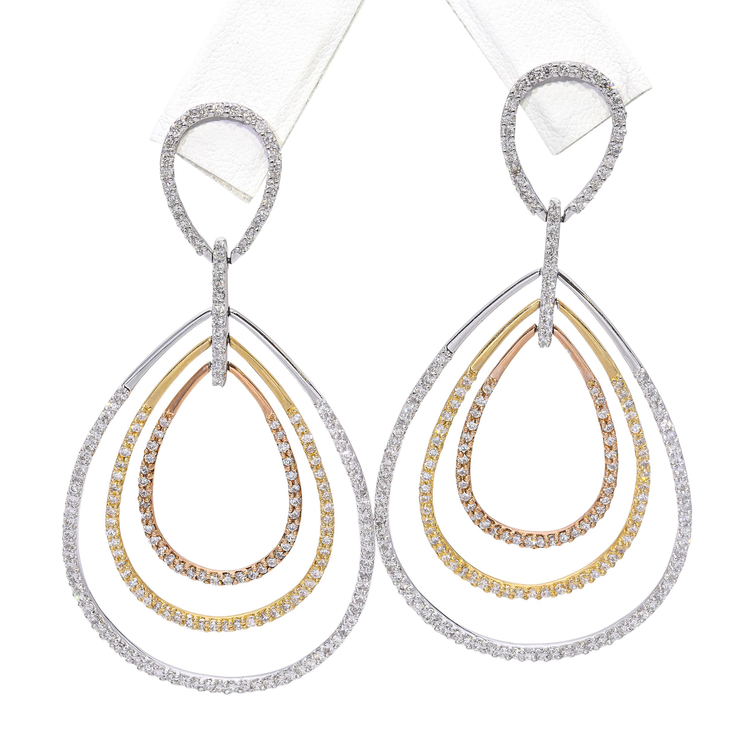 14k Tri Tone Gold and 4.06Ctw Diamond Drop Earrings