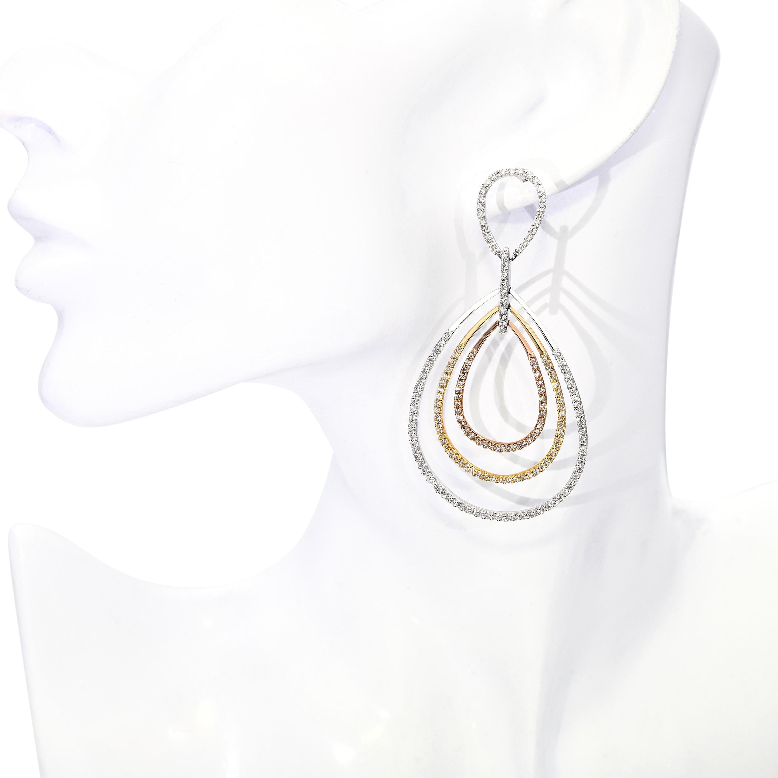 14k Tri Tone Gold and 4.06Ctw Diamond Drop Earrings