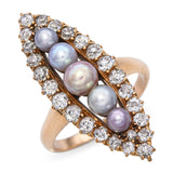 Victorian Navette 18k Yellow Gold Natural Pearl and Diamond Ring