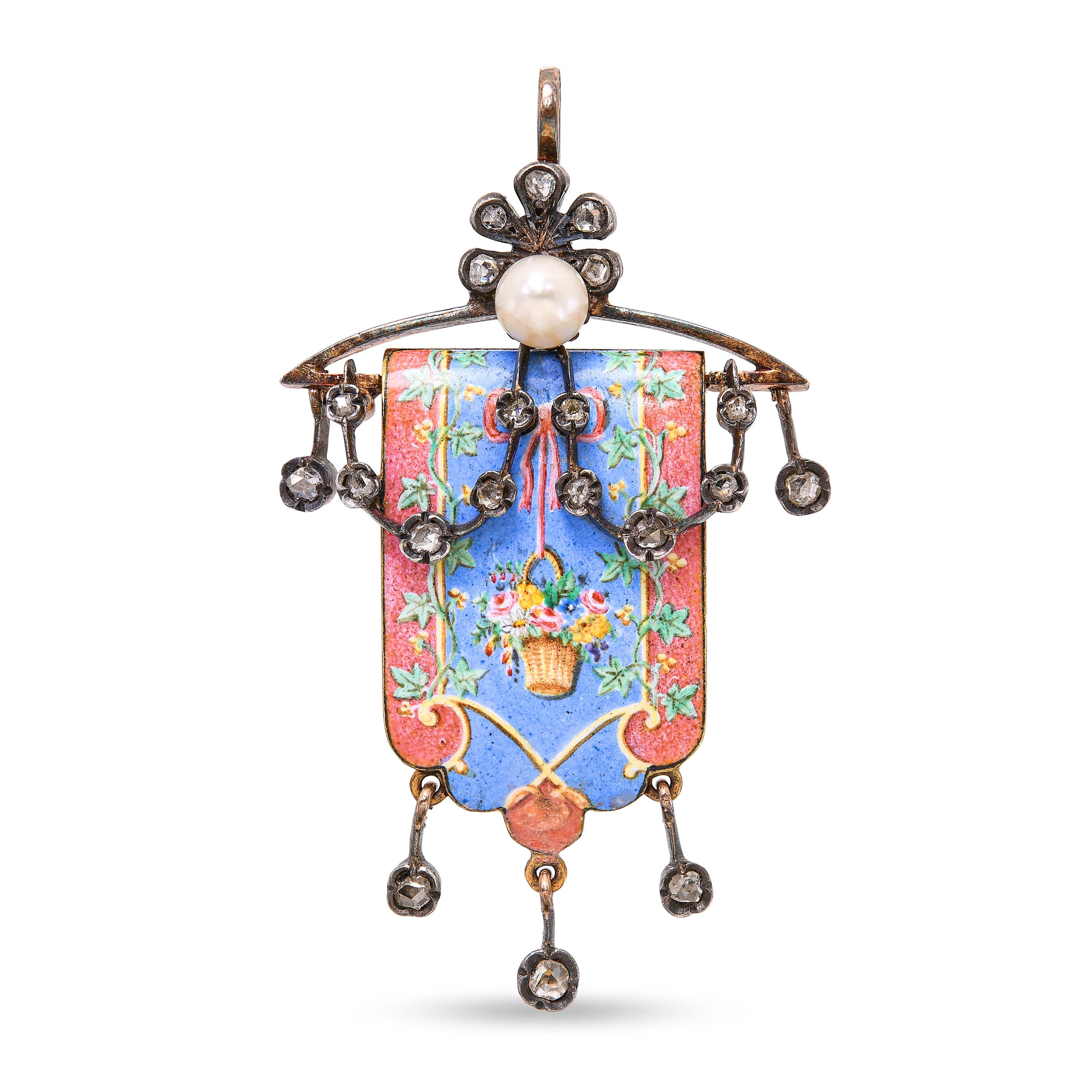Antique Victorian 18k Gold and Silver Diamond and Enamel Floral Banner Pendant