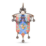 Antique Victorian 18k Gold and Silver Diamond and Enamel Floral Banner Pendant