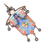 Antique Victorian 18k Gold and Silver Diamond and Enamel Floral Banner Pendant