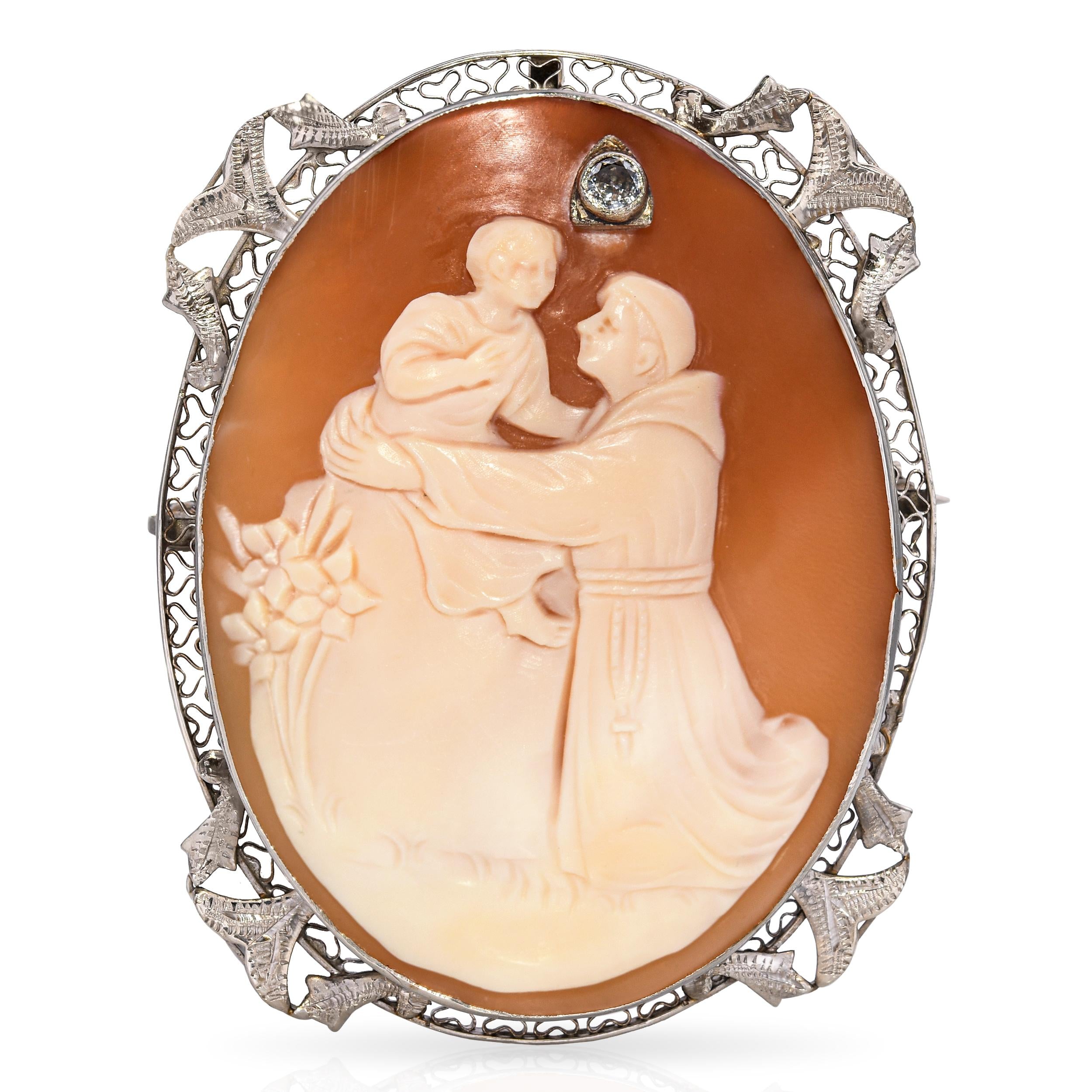 Antique 12k White Gold Shell Cameo with Diamond Accent Brooch