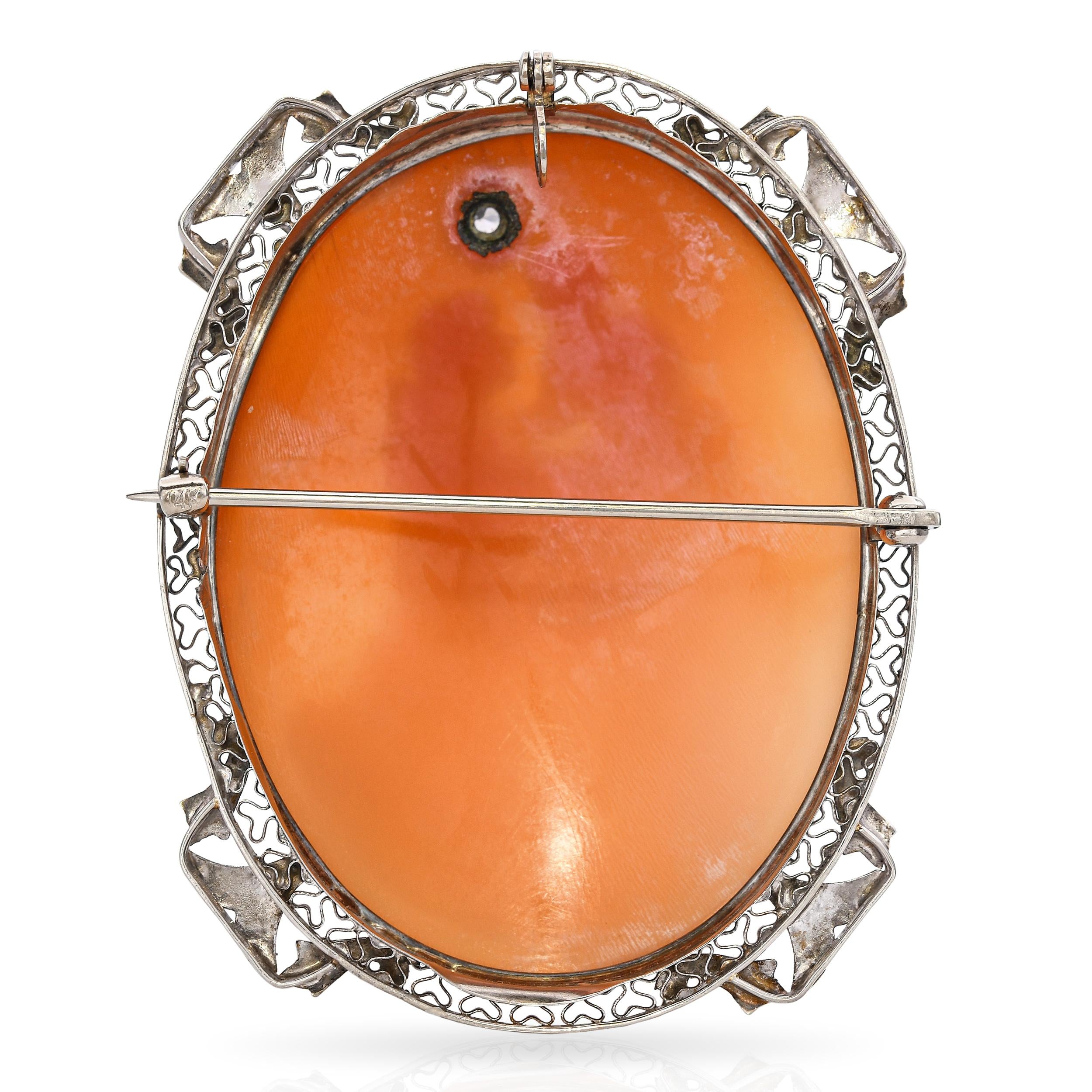 Antique 12k White Gold Shell Cameo with Diamond Accent Brooch