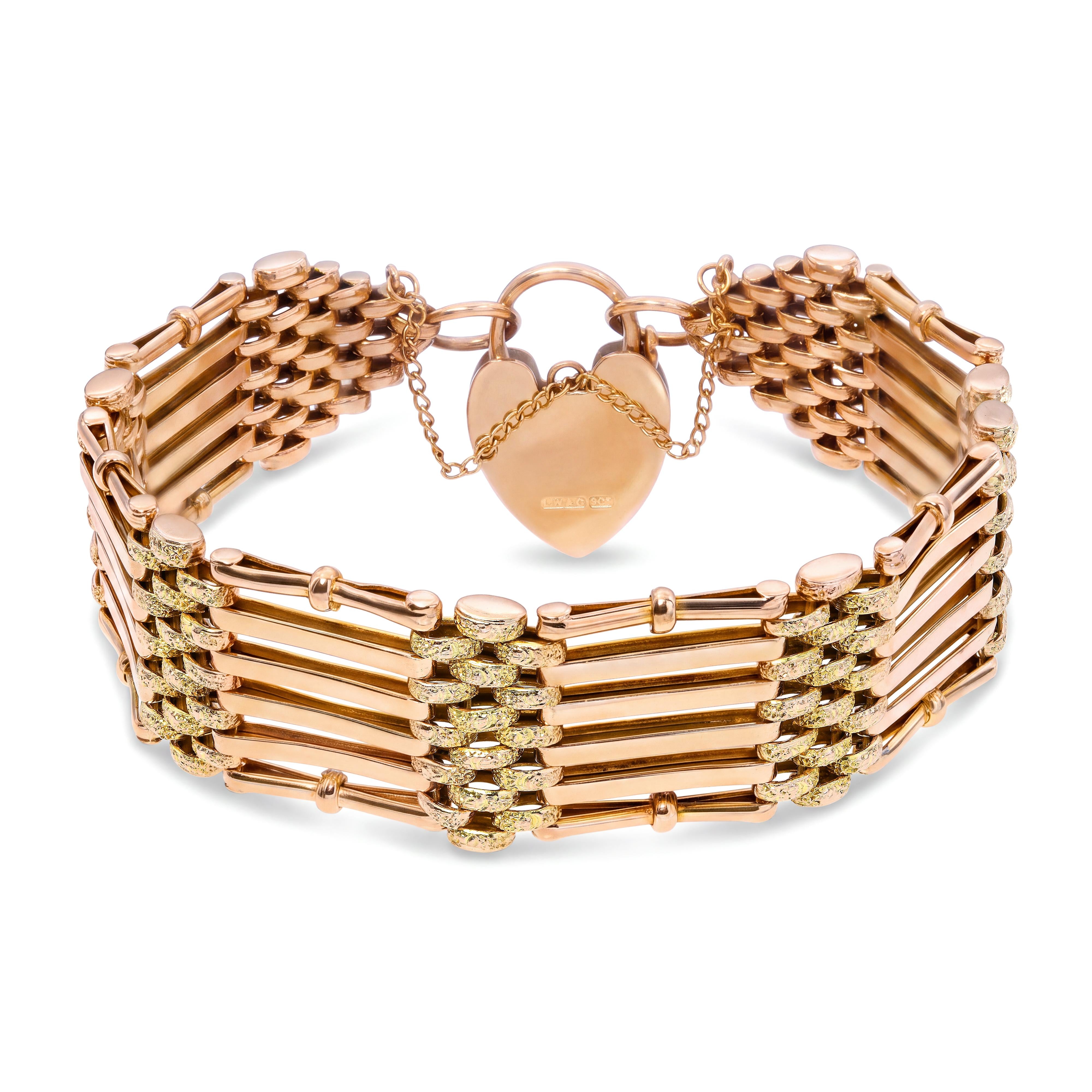 Antique 9K Rose Gold Gate Link Bracelet with Heart Padlock