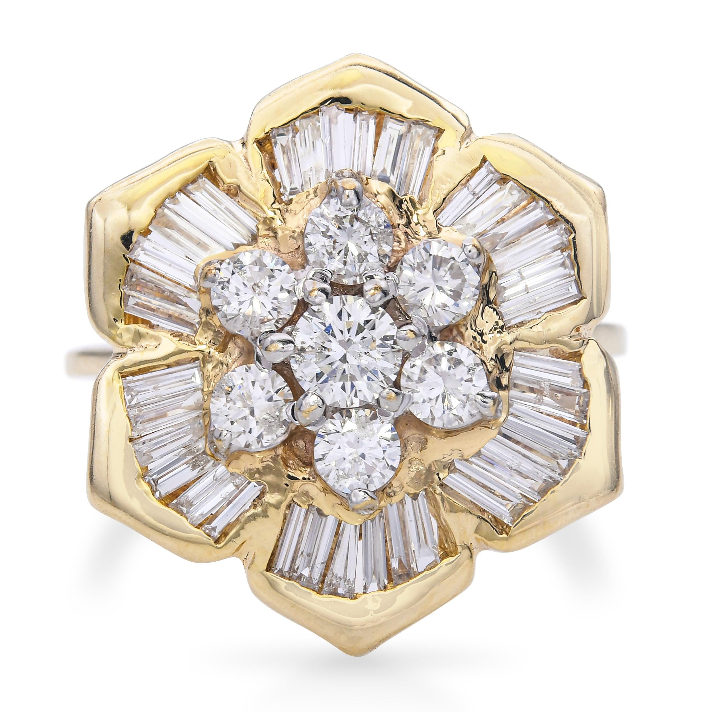 Vintage 14k Yellow Gold 1.2tcw Diamond Geometric Floral Ring