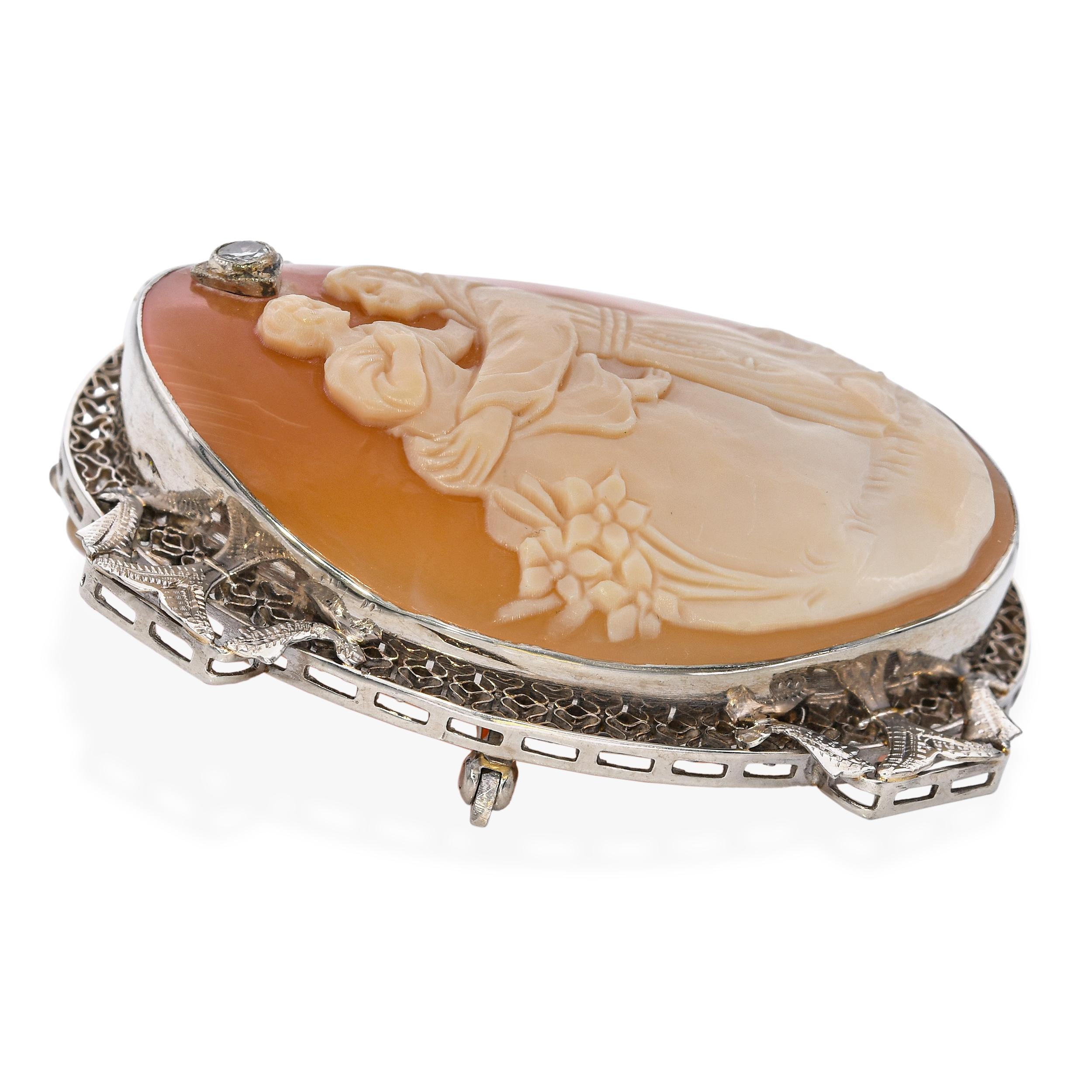 Antique 12k White Gold Shell Cameo with Diamond Accent Brooch